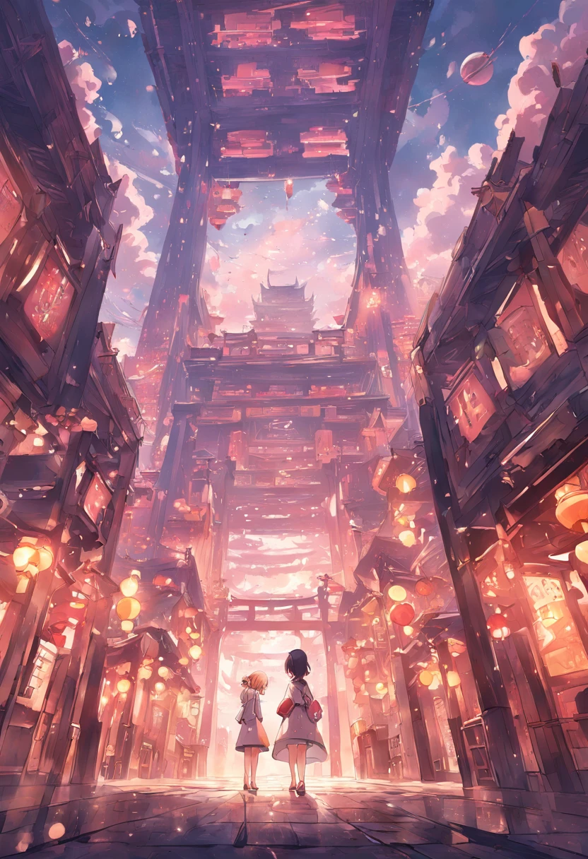 Highest image quality，Exquisitely，Magnificent，on another planet，A city of higher civilization，Chinese lofts are woven one after another。Towering into the clouds，The wide road is lined with fine wooden buildings，Technological beauty and classical beauty are perfectly intertwined