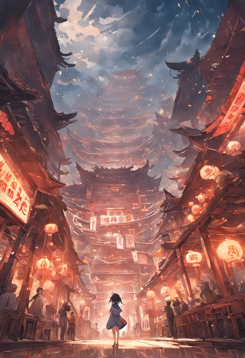 Highest image quality,Exquisitely,Magnificent,on another planet,A city of higher civilization,Chinese lofts are woven one after another。Towering into the clouds,The wide road is lined with fine wooden buildings,Technological beauty and classical beauty are perfectly intertwined