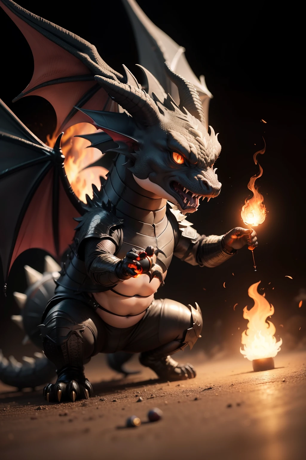 a black dragon training fireball shooting in a training dummy