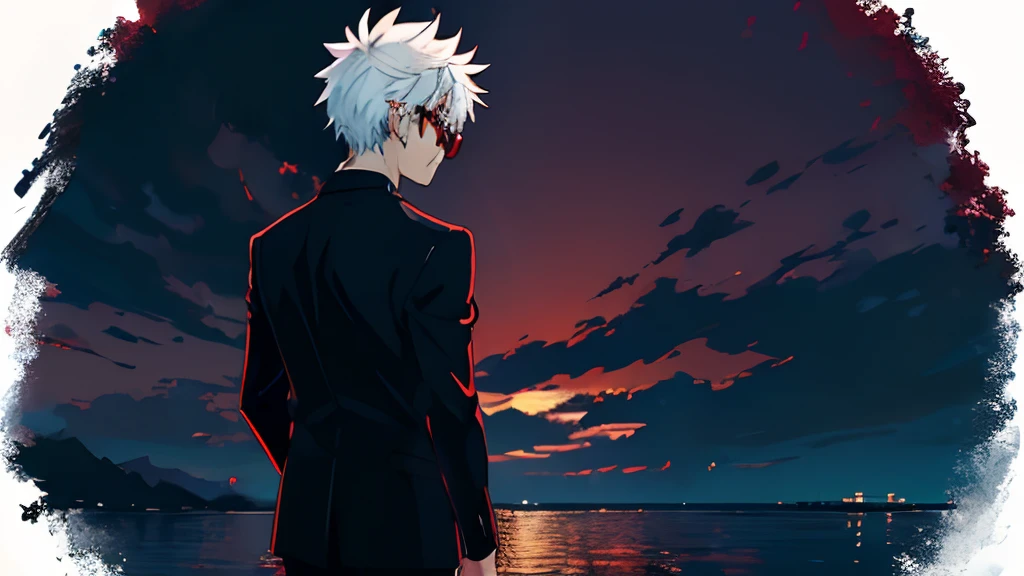 Dynamic pose, dynamic angle,from afar,((night)), beach, calm water without waves,boy at the water's edge,boy looking out to sea,arms outstretched towards the sea,messy spiky white hair, light blue eyes, purplish black suit, no tie, purplish black shirt, purplish black dress pants, rounded sunglasses, (dark red sphere on horizon:1.4),