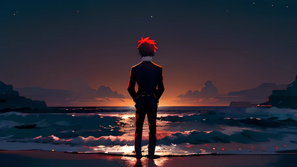 Dynamic pose, dynamic angle,from afar,((night)), beach, calm water without waves,boy at the water's edge,boy looking out to sea,arms outstretched towards the sea,messy spiky white hair, light blue eyes, purplish black suit, no tie, purplish black shirt, purplish black dress pants, rounded sunglasses, (dark red sphere on horizon:1.4),