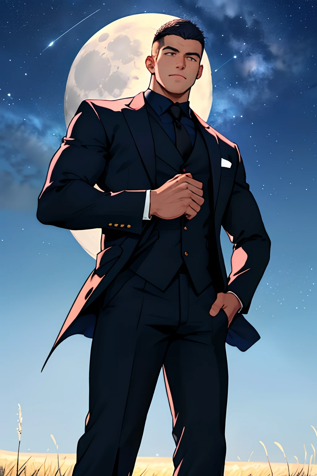 Draw a full-fledged footballer,Standing on the steppe at night,He wears a fancy suit,The man looks confident and determined,looking-down,Crew cut,full bodyesbian,Stars dot the sky,shooting from below,Big moon highlights background