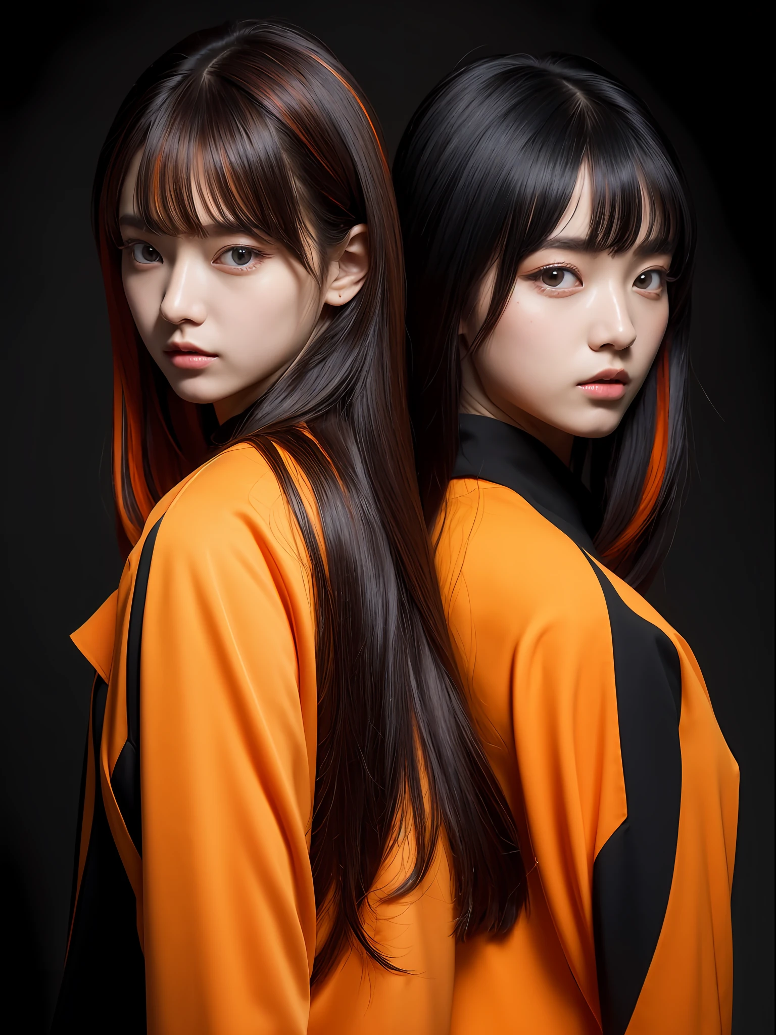 the Extremely Detailed CG Unity 8K Wallpapers、top-quality、ultra-detailliert、masterpiece、studio shoot、Full body portrait、Black and orange and white jacket、realisitic、Photo Real、extremely detailed cute girl、独奏、sixteen years old、side glance, Melancholy look, Hands behind your back、Black stripe background on orange, Avant-garde hair, Asymmetrical hair, Black and orange multi-colored hair,