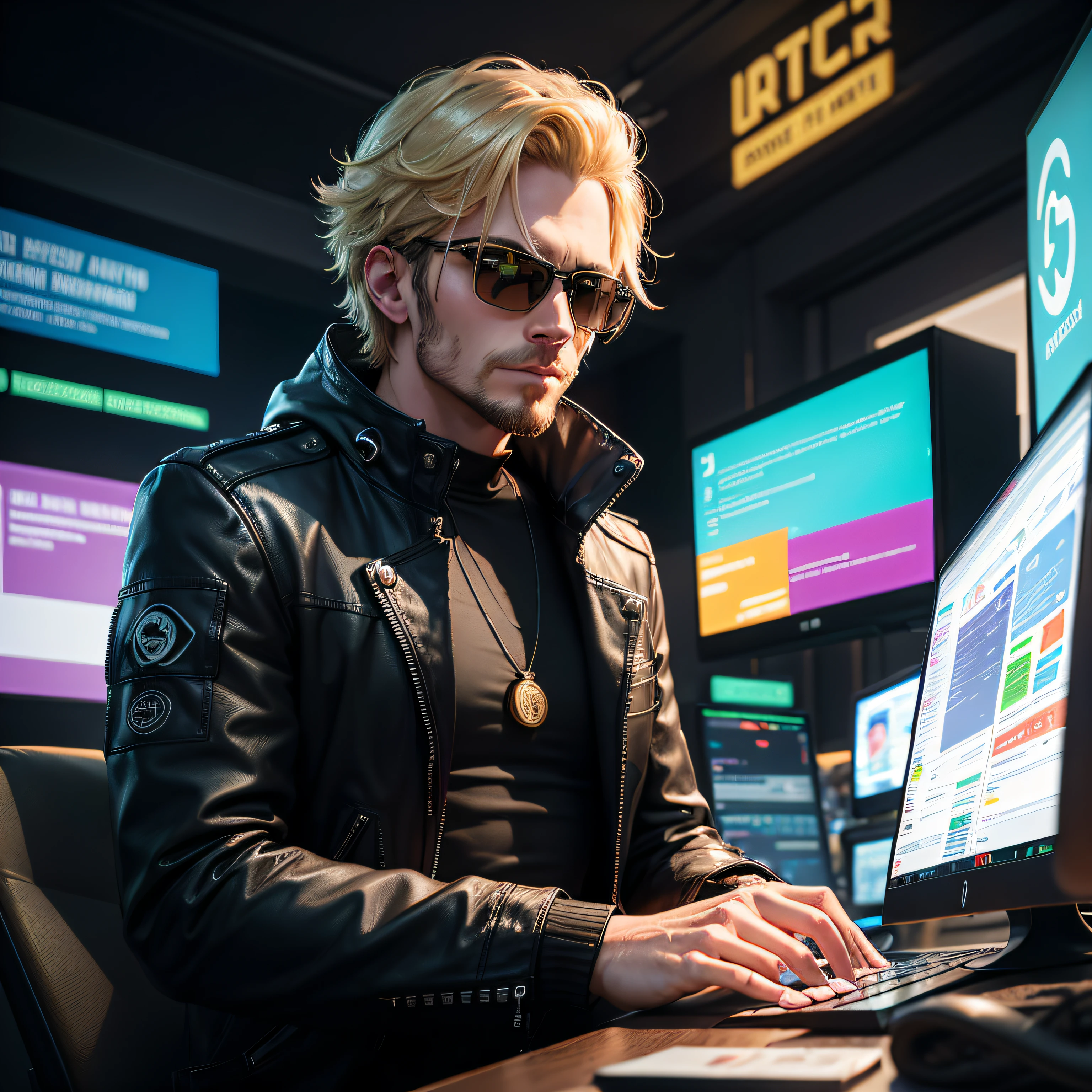 A blonde man with hair on his side and sunglasses is sitting in front of a computer full of cables and lights. He's wearing a black leather jacket with an Anonymous symbol on the back and a Guy Fawkes mask hanging around his neck. He is typing codes into a green screen that shows information about blockchain, cryptocurrencies, bitcoin and ether. Next to it is a robot with a sign that says "Hacking the system." The background is a futuristic city with tall buildings and neon. The style is cyberpunk.