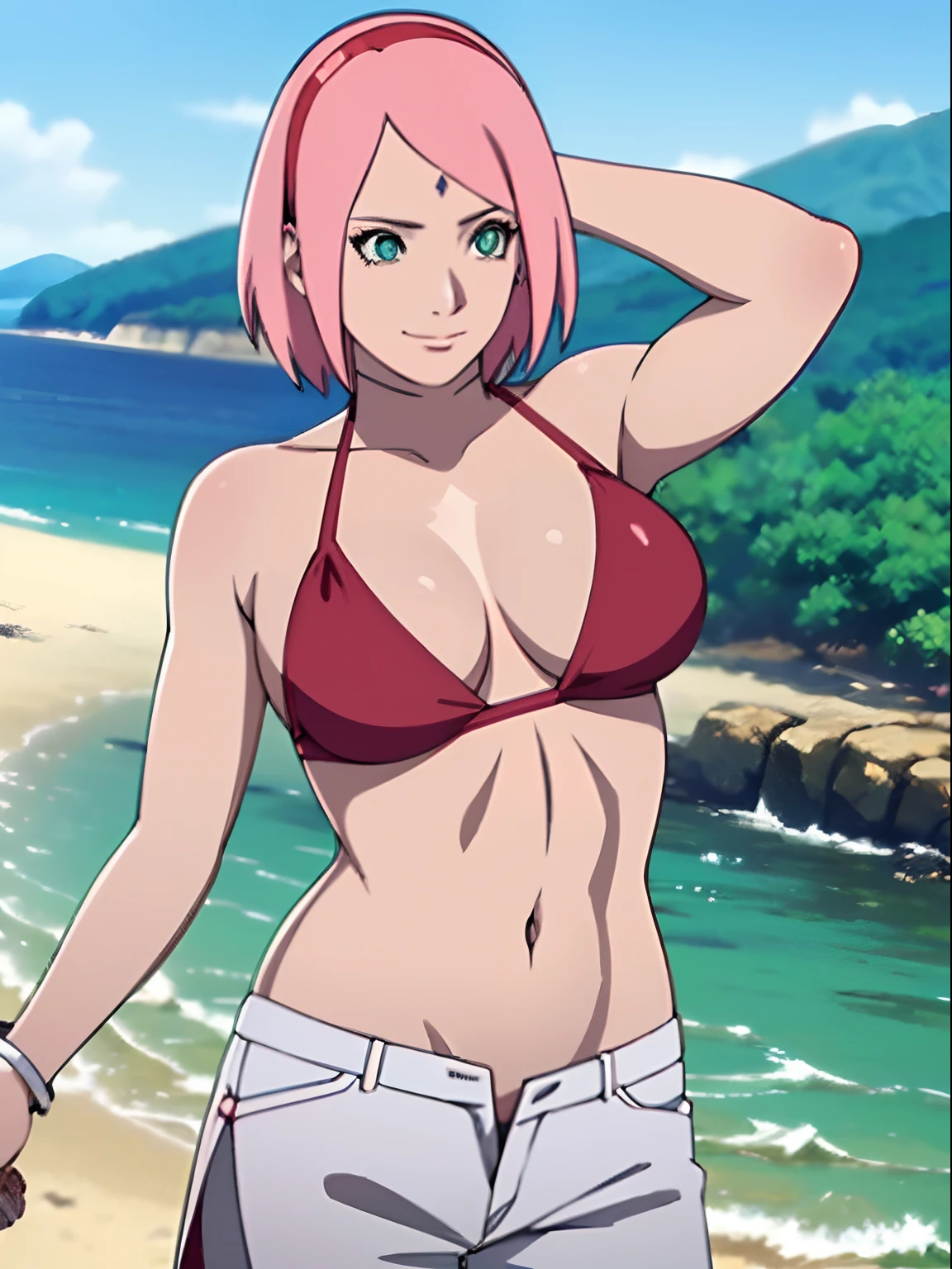 masterpiece, 4k, portrait, cowboy shot, professional artwork, detailed beach background, intricate details, colorful, digital blending, (ultra detailed body, ultra detail hair, ultra detail face), trending on pixiv, kind smile, best quality, anime style: 1.9, 1girl, hires, haruno sakura, (forehead mark, milf, red hairband, pale skin, small breasts, short hair, ((bare neck, red (micro) bikini top, (bikini top only)), white pants), (navel, belly button, bracelet, pink hair, closed mouth, big eyes), smile, beach, wind, floating hair, detailed arms, off-shoulders, broad shoulders, (slightly muscular arms, slightly strong biceps), (dirty armpits, armpit pocket), standing)