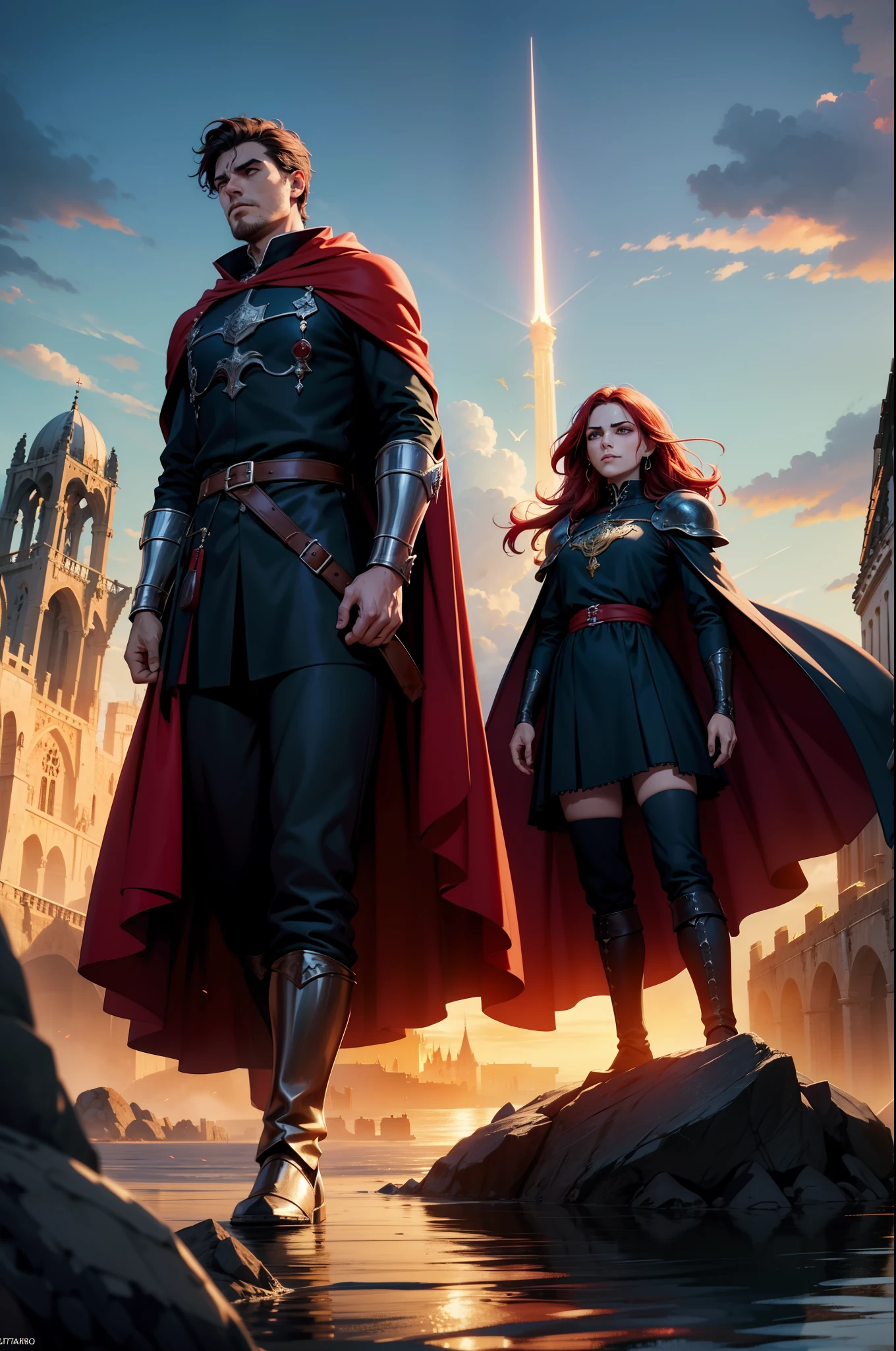 Dois personagens guerreiros, entardecer, 8k, magnifica, poderoso, magia, Mantos, sangue, Cidade medieval, dramatic scene, Colors of Gothic armor, sky with many clouds, Magnificent, tunic, Long, flowing red cape