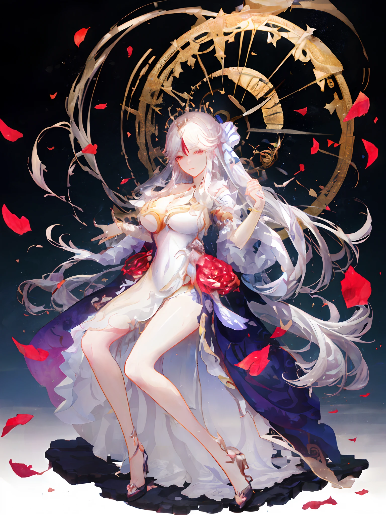 Anime - style image of woman in white dress with clock on background, white haired god, cushart krenz key art feminine, anime goddess, ((a beautiful fantasy empress)), guweiz on pixiv artstation, masterpiece goddess of sorrow, Trending on ArtStation pixiv, guweiz on artstation pixiv, a beautiful fantasy empress