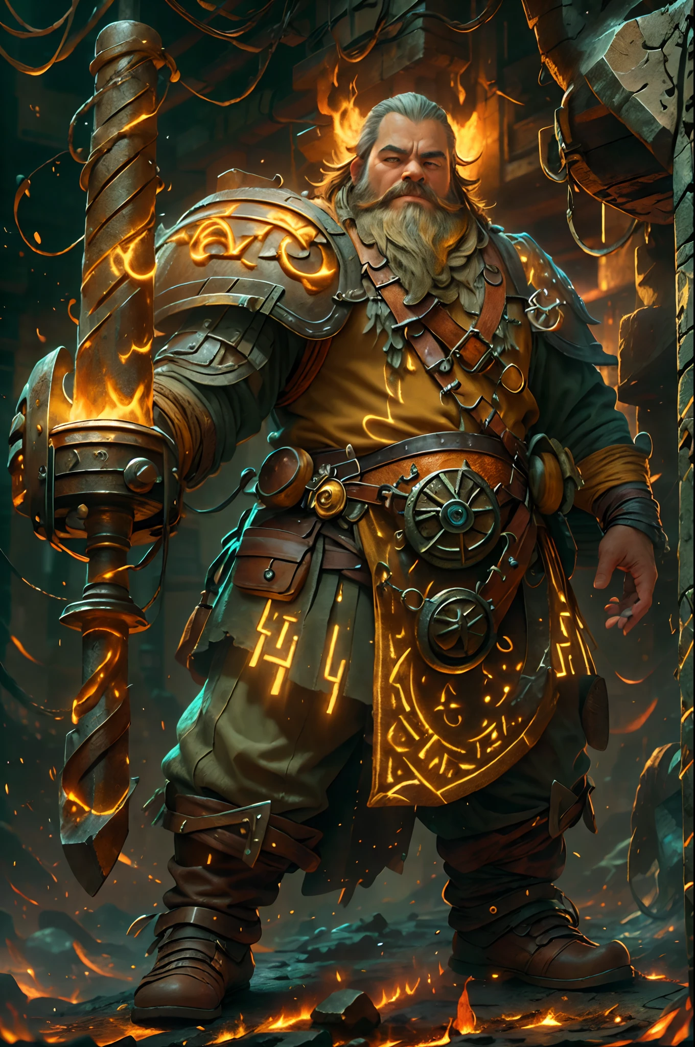 high details, best quality, 16k, RAW, [best detailed], masterpiece, best quality, (extremely detailed), full body, ultra wide shot, photorealistic, fantasy art fantasy_world, RPG art, D&D art, a picture of a dwarf working at his forge (intense details, Masterpiece, best quality), fantasy male dwarf (intense details, Masterpiece, best quality),(intense details, Masterpiece, best quality), brown hair, dynamic eyes color, ultra detailed face (intense details, Masterpiece, best quality), long beard, brown beard, muscular arms, wearing smith apron, holding a hammer in hand, hammer has yellow magical runes, shining GlowingRunes_yello yellowe runes (intense details, Masterpiece, best quality), working the forge (intense details, Masterpiece, best quality), fiery forge (intense details, Masterpiece, best quality), crafting magical metalic sword, dwarven smithy and fiery forge background, fiery red and yellow and orange shadow and light of a fiery orange (intense details, Masterpiece, best quality), High Detail, Ultra High Quality, High Resolution, 16K Resolution, Ultra HD Pictures, Ultra Realistic, Clear Details, Realistic Detail, Ultra High Definition