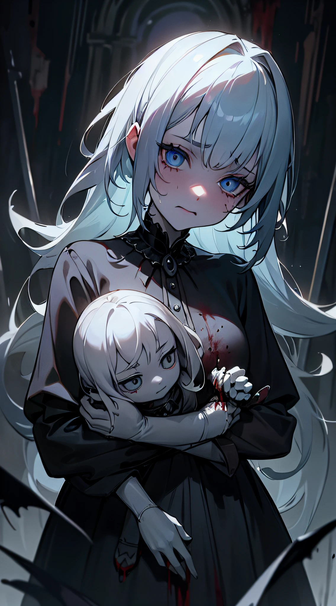 Cinematic Luminosity 1 Enigmatic Girl, Magnum Opus, Unsurpassed Excellence, Official Visual Art, Exceptionally Detailed CG Unity 8k Wallpaper, Ominous Gaze, Haunted Doll, Decayed Mental Facility, Maleficent Obscuration, Blood-Drenched Palette, Shattered Attire, ((Horror Mood))