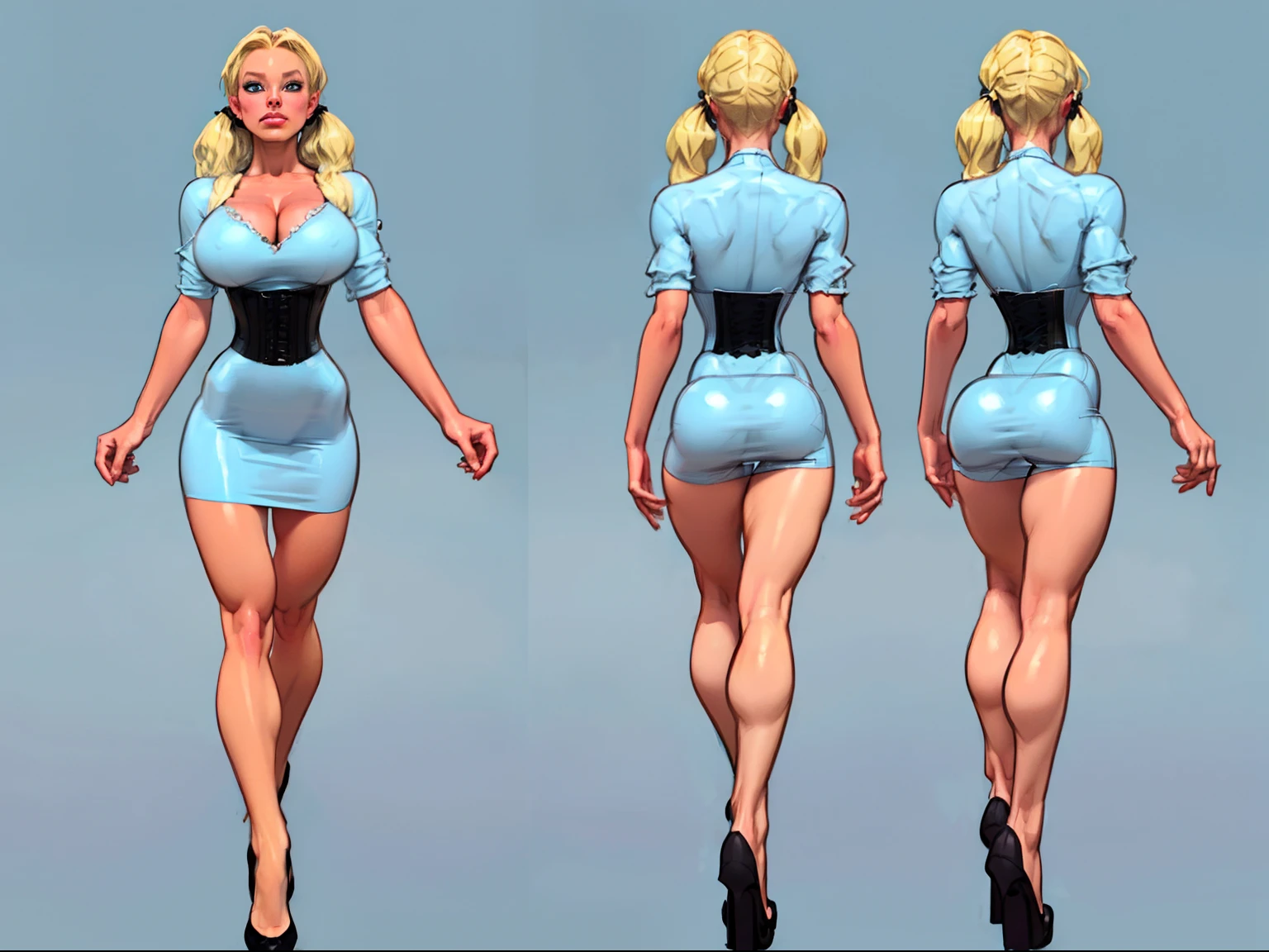 ((masterpiece)),(((best quality))),((character design sheet)), illustration,1woman, environment Scene change, twin Tails,((black corset)), muscular, white legs, thick legs, (white skin:1.2)scribbles and marks, fire, ((detailed face:1.1)), rough sketches, pose too, ((blonde hair:1.2)), (light blue dress:1.5) , 8k,16k, (simple background, light background: 1.3)