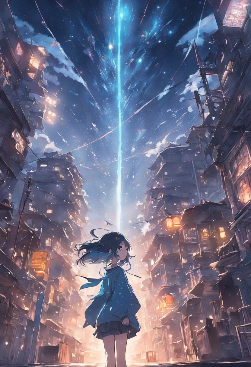 Highest image quality，Exquisitely，sense of science and technology，In the middle of the road is a bus driving in a city of advanced civilization，Chinese lofts soar like clouds，The road is lined with fine wooden buildings，The sky is full of brilliant stars and fantastic stars，One by one, the aircraft flew in blue light。