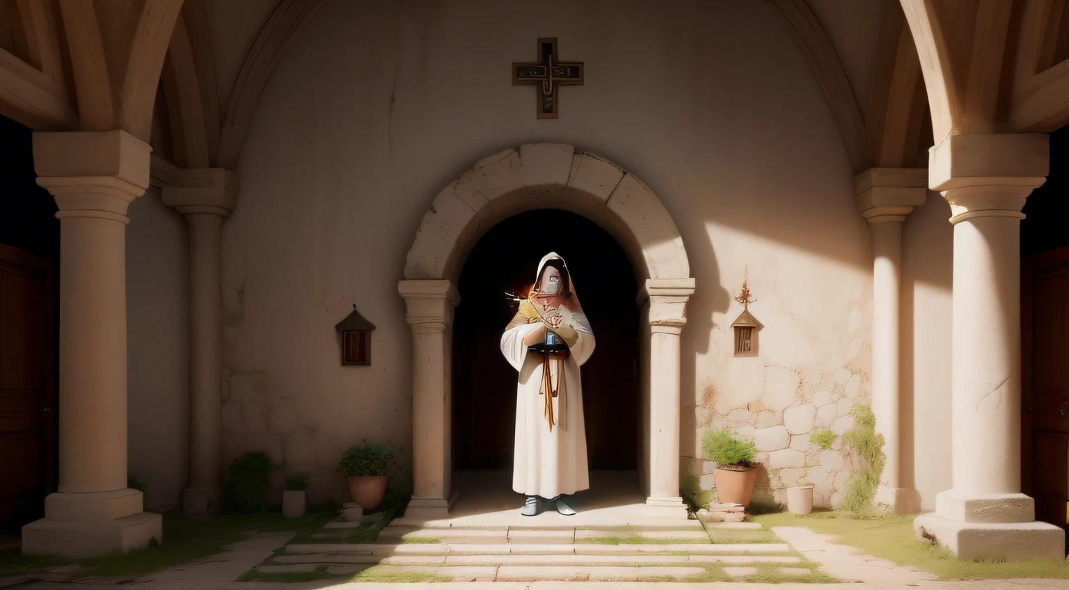 Generate an image that depicts an unnatural grotto where in the center of the front wall is an image of Jesus Christ on the cross. Visualize a scenario that refers to an old village, where people gather for healing and comfort. No centro da cena, retratar Jesus na cruz, emanando uma luz dourada de cura. Ao lado esquerdo, proximo a parede deve ter um pequeno pedestal com uma imagem da Santa Luzia. Ao lado direito, next to the wall should have a small pedestal with an image of St. Michael the Archangel. The captured moment should convey the compassion and healing power of Jesus in an environment touched by divinity