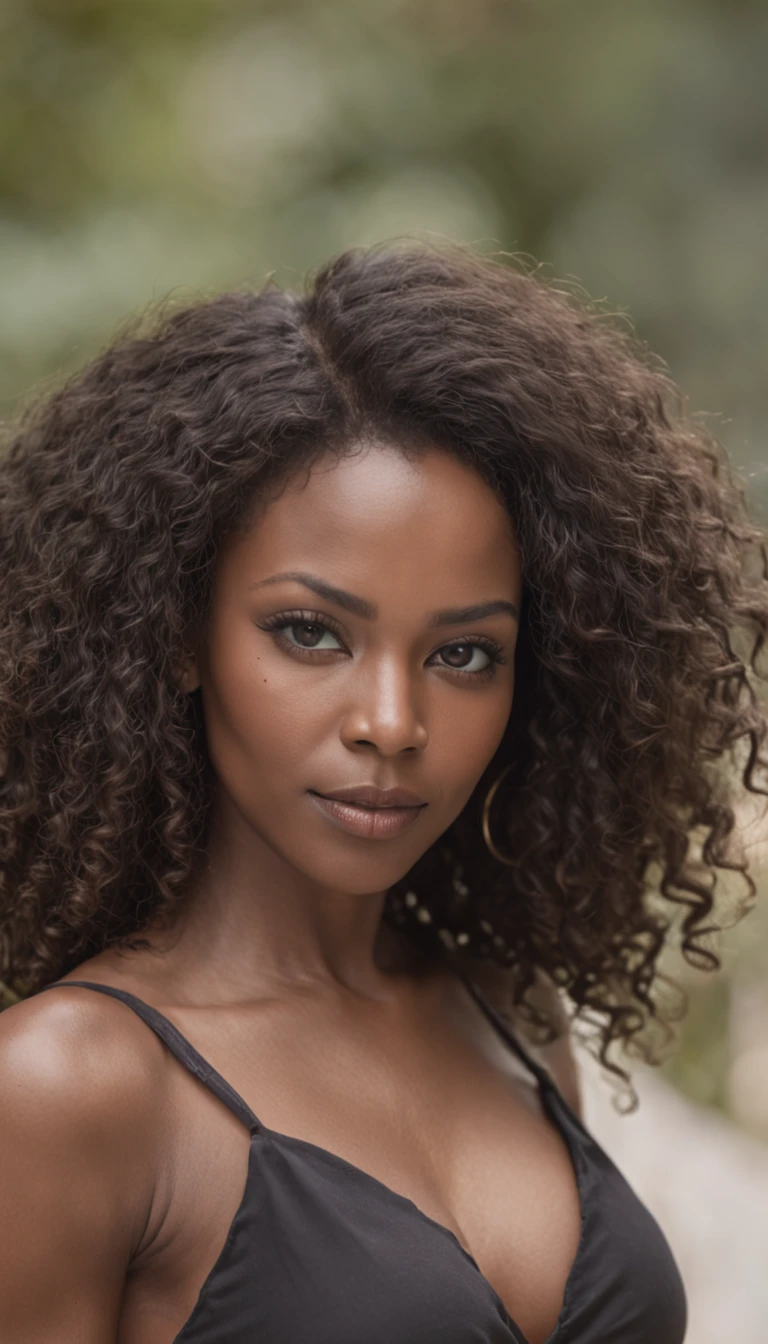 raw photo, Real Photographics, portrait of a beautiful and stunning brazilian black woman, nearly forty years old, with ((dark brown skin)), neck length curly black afro hair, vivid clear brown eyes, detailed face, portrait of shoulders and face, voluptuous:1.3, (wonderful, medium, symmetrical and round breasts), wide hips, beautiful round ass, thick thighs, wearing a long-sleeved white button-up blouse with a (long black skirt:1.5), depth of fields, high light,Real light,Ray traching,oc rendered,Hyper-realistic,best qualtiy,8K,Works of masters,super-fine ,Correct anatomy,sharp focus on eyes,Bokeh,Facial features are carefully depicted