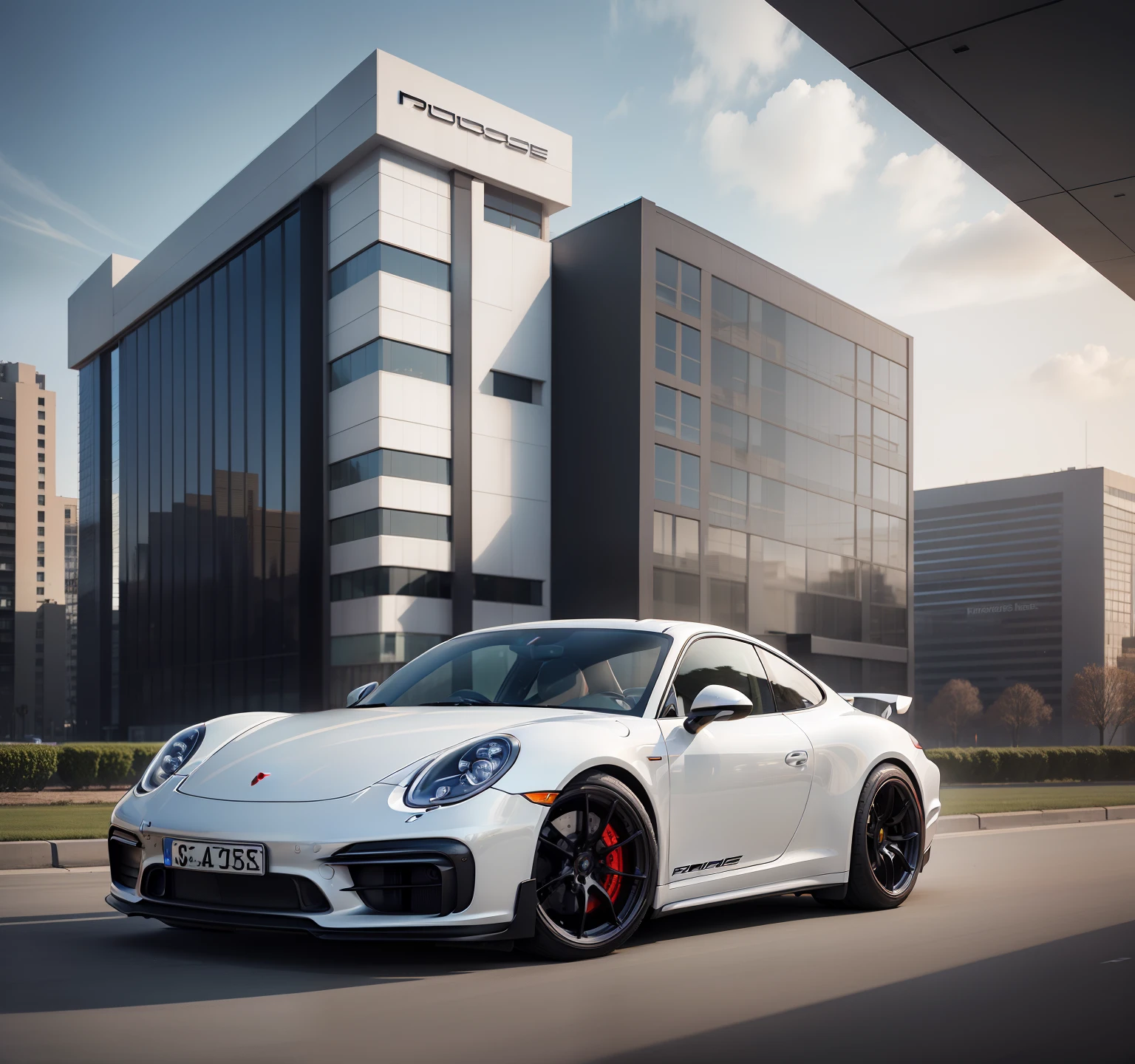 Make a Porsche and in the background of the image make a building with Porsche logo