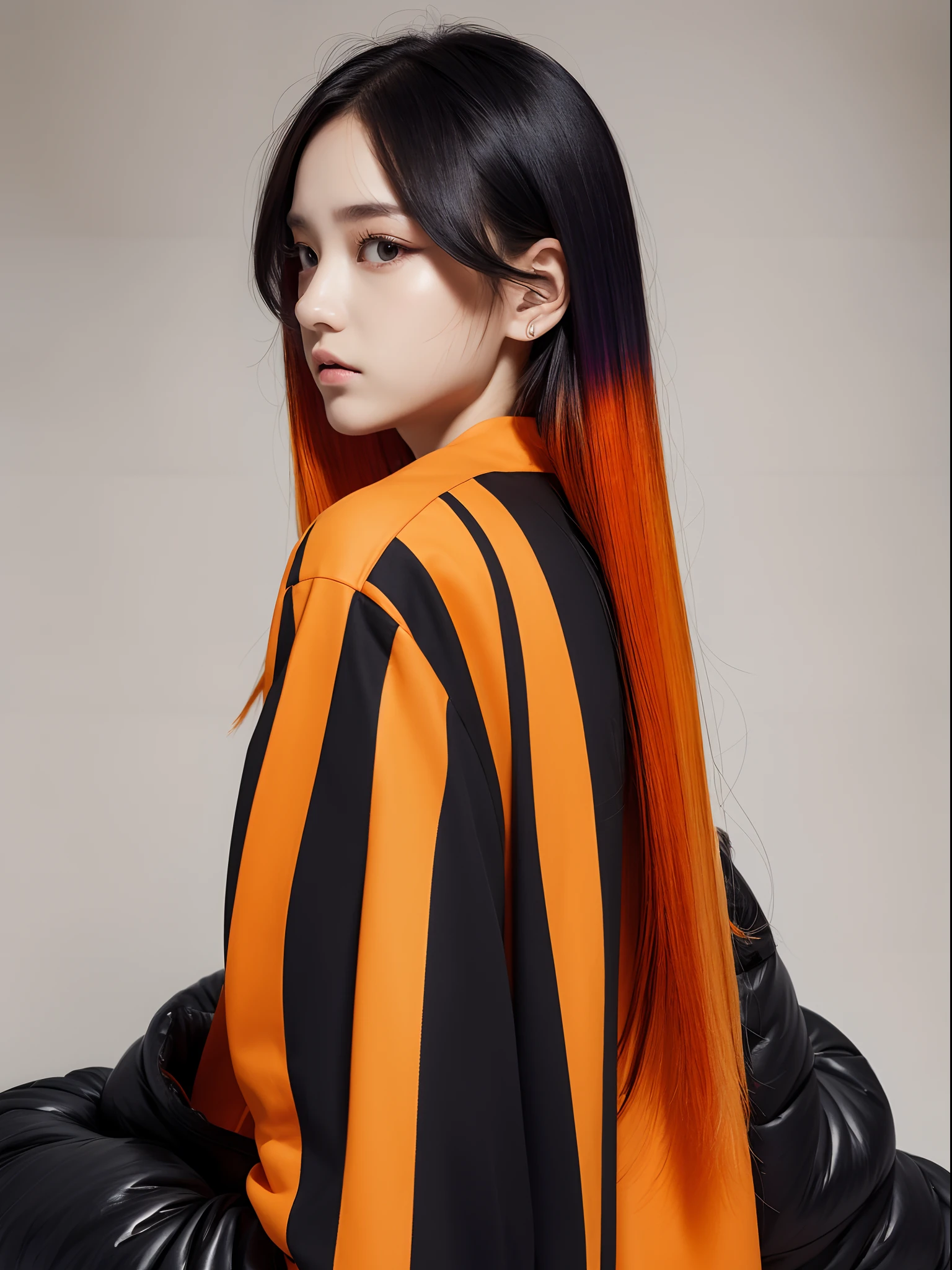 the Extremely Detailed CG Unity 8K Wallpapers、top-quality、ultra-detailliert、​masterpiece、studio shoot、Full body portrait、Black and orange and white jacket、realisitic、Photo Real、extremely detailed cute girl、独奏、sixteen years old、side glance, Melancholy look, Hands behind your back、Black stripe on orange background, Avant-garde hair, Asymmetrical hair, Black and orange multi-colored hair,