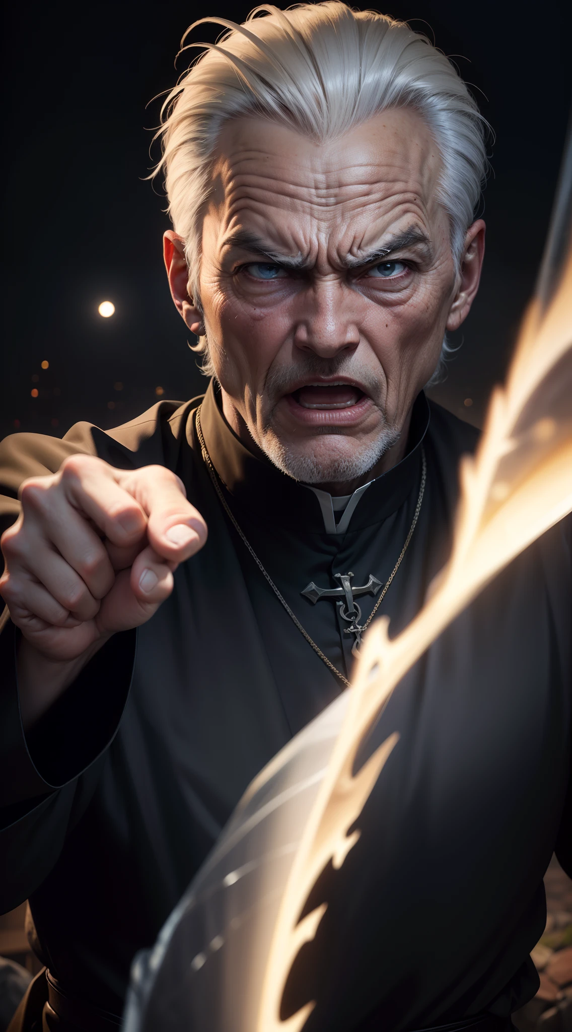 a older priest yelling, he's mad, he's pointing, it's night time, dark, fog, full moon, close up of face, 1600s