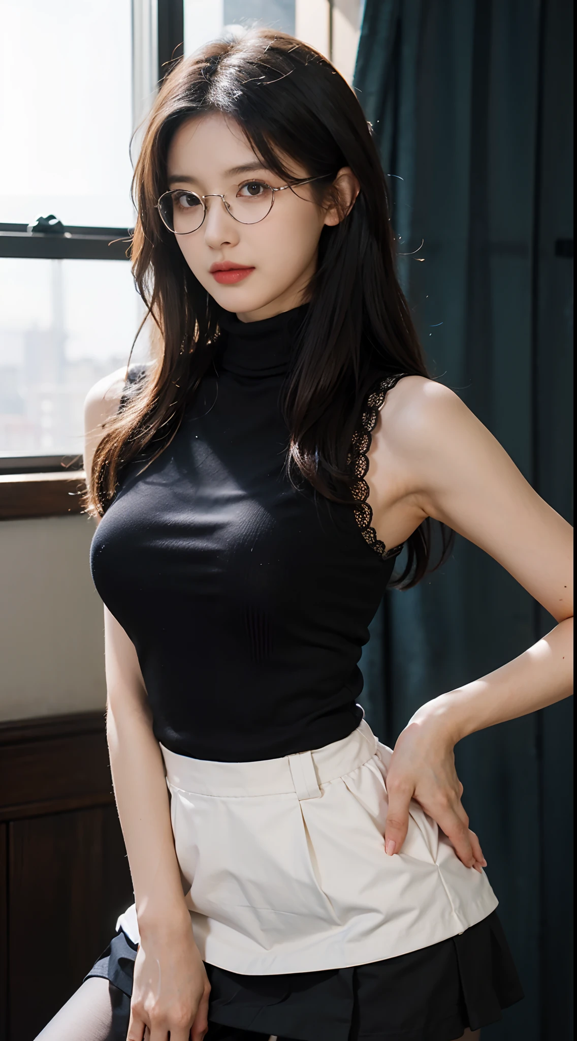 ulzang-6500-v1.1,(RAW photo:1.2), (Photorealistic:1.4), (Ray tracing),Korean female model,Beautiful Meticulous Girl, very detailed eyes and faces, Beautiful detailed eyes, absurderes, unbelievable Ridiculous, hugefilesize, ultra - detailed, A high resolution, The is very detailed,best qualtiy,tmasterpiece,((Black sleeveless turtleneck lace dress)),illustratio,The is very detailed,CG,unified,8k 壁纸,Amazing Cleavage,finely detailled,tmasterpiece,best qualtiy,The is very detailed的 CG unified 8k 壁纸,light in face,cinmatic lighting, 1girll, 16 yaers old,Long white hair,(huge tit),((pantyless)),(wears glasses),((Pantyhose)),(((Black hip skirt)))