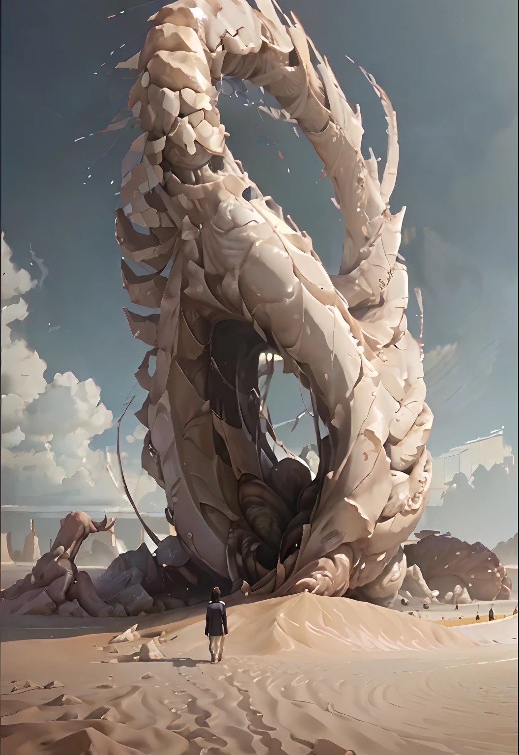 There was a man standing in the sand，Holding a huge sculpture in his hand, sandworm, 3d render digital art, low details. Digital painting, Twisted desert, Beeple e Jean Giraud, bastien grivet, 3 d sculpture 8 k octane render, giant tentacles, smooth digital concept art, 4k highly detailed digital art, surreal concept art，intricately details，Super lots of detail