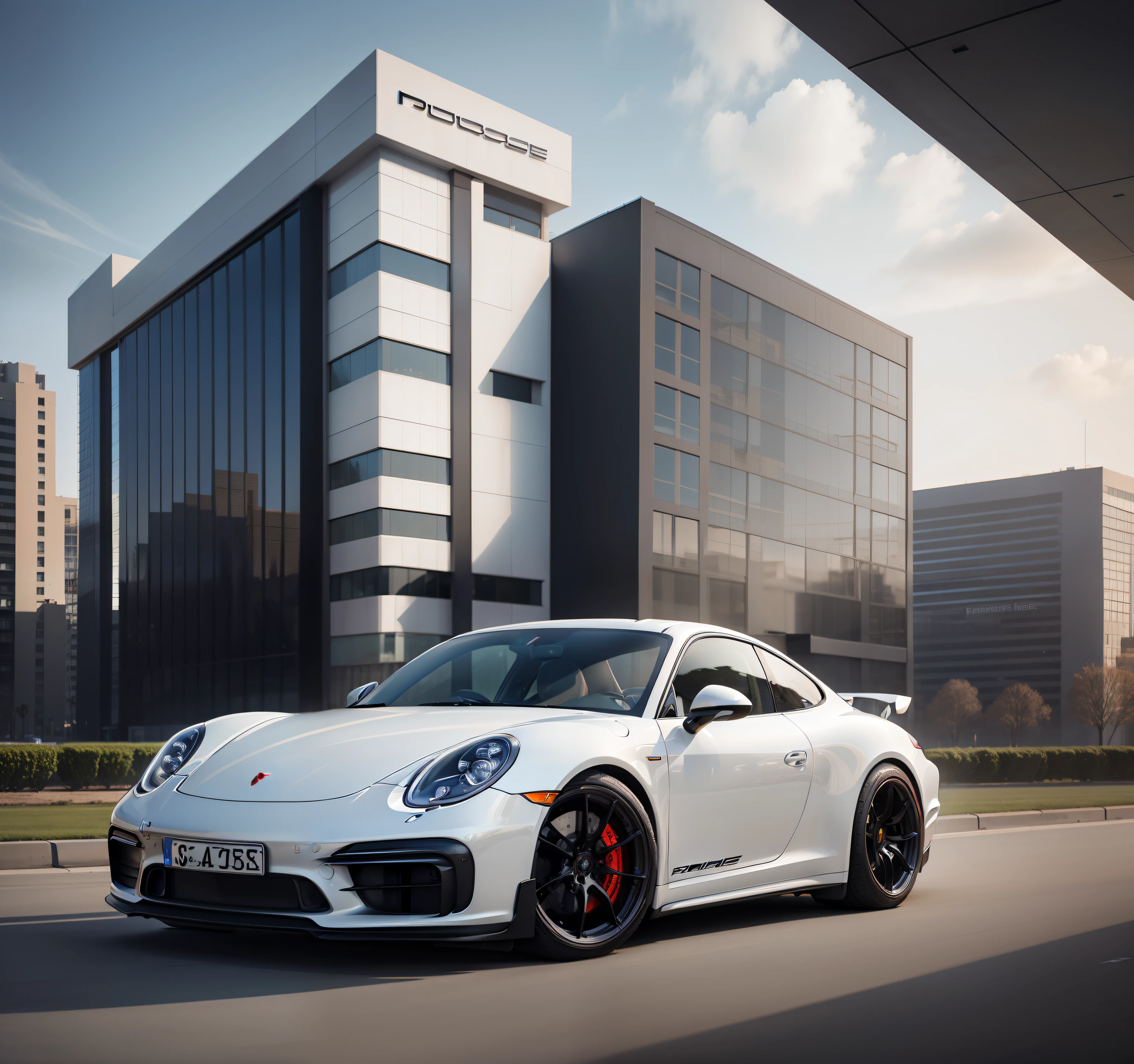 Make a Porsche and in the background of the image make a building with Porsche logo