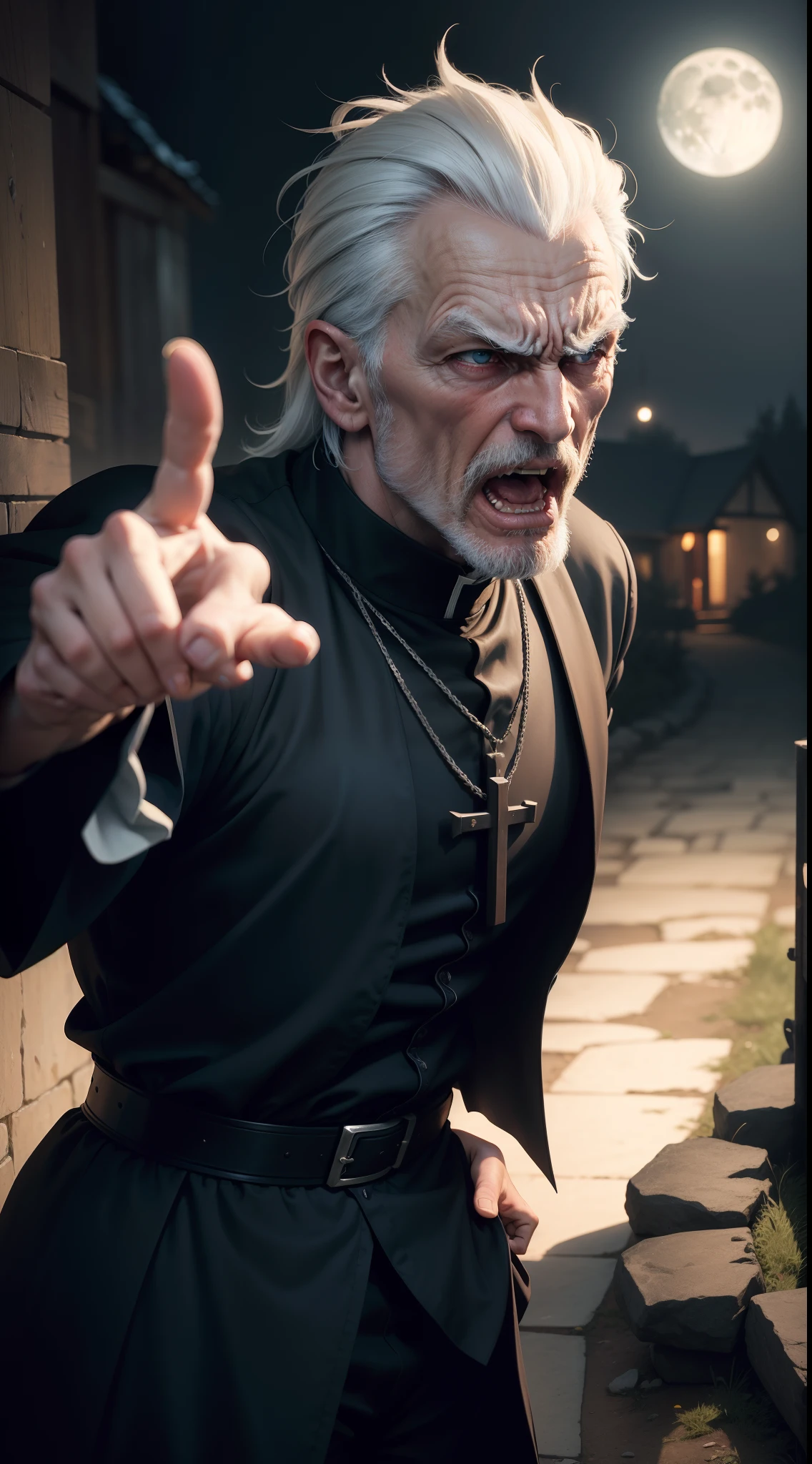 a older priest yelling, he's mad, he's pointing, it's night time, dark, fog, full moon, close up of face, 1600s