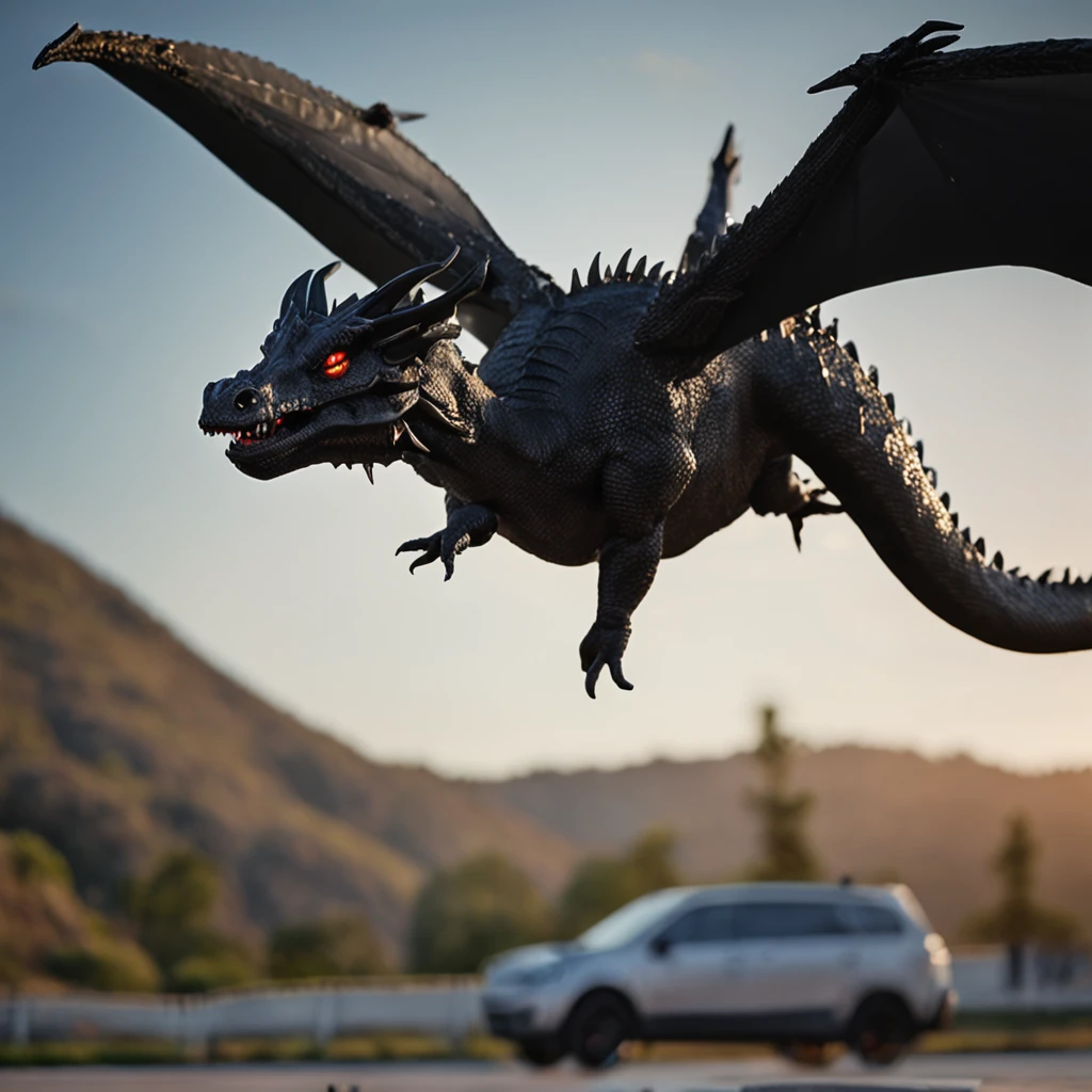 A baby black dragon flying and shooting a fireball at a training dummy, 1 dragon, escamas, estilo realista, fantasia, fogo amarelo, boneco pegando fogo, baby dragon with two wings, black baby dragon, cor perfeita, luz do entardecer, panorama shot