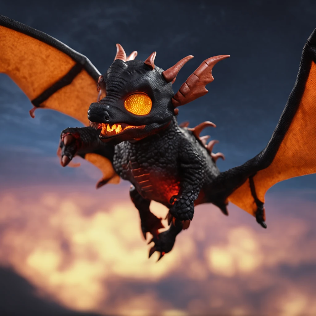 A baby black dragon flying and shooting a fireball at a training dummy, 1 dragon, escamas, estilo realista, fantasia, fogo amarelo, boneco pegando fogo, baby dragon with two wings, black baby dragon, cor perfeita, luz do entardecer, panorama shot