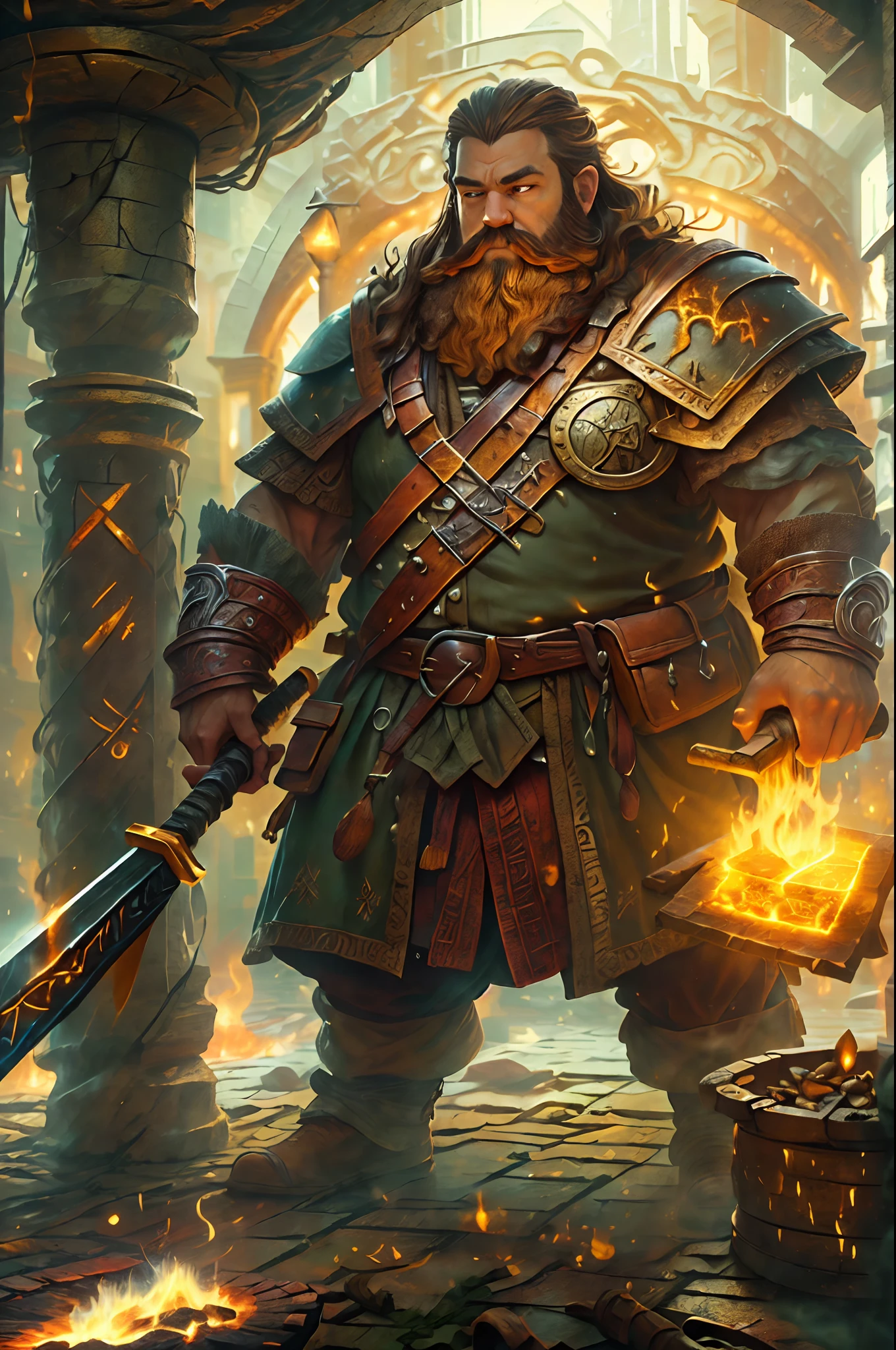 high details, best quality, 16k, RAW, [best detailed], masterpiece, best quality, (extremely detailed), full body, ultra wide shot, photorealistic, fantasy art fantasy_world, RPG art, D&D art, a picture of a dwarf working at his forge (intense details, Masterpiece, best quality), fantasy male dwarf (intense details, Masterpiece, best quality),(intense details, Masterpiece, best quality), brown hair, dynamic eyes color, ultra detailed face (intense details, Masterpiece, best quality), long beard, brown beard, muscular arms, wearing smith apron, holding a hammer in hand, hammer has yellow magical runes, shining GlowingRunes_yello yellowe runes (intense details, Masterpiece, best quality), working the forge (intense details, Masterpiece, best quality), fiery forge (intense details, Masterpiece, best quality), crafting magical metalic sword, dwarven smithy and fiery forge background, fiery red and yellow and orange shadow and light of a fiery orange (intense details, Masterpiece, best quality), High Detail, Ultra High Quality, High Resolution, 16K Resolution, Ultra HD Pictures, Ultra Realistic, Clear Details, Realistic Detail, Ultra High Definition