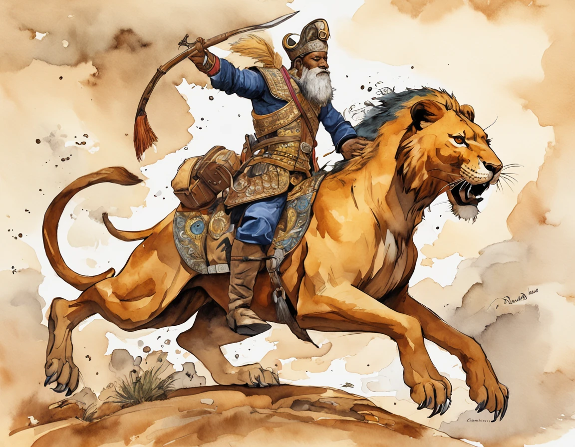 ((best quality)), ((master part))((best quality)), ((master part))Art Installation Art Brock Moore , Image of man riding a lion on a tiger and having his rifle in his hand, in the style of Afrofuturistic inspiration, carmesim claro e branco, retratos realistas hiper-detalhados, naja, colorful storytelling, Esculpido, fantasia medieval