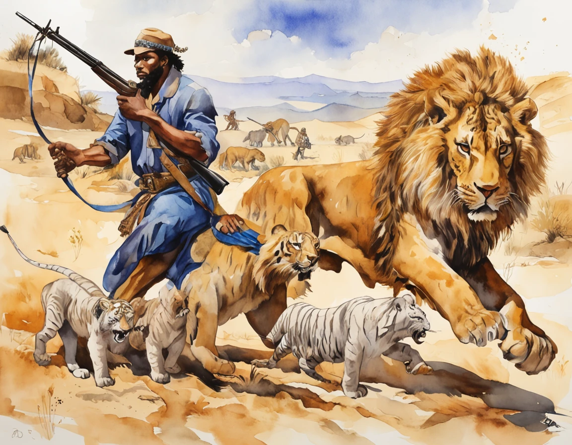 ((best quality)), ((master part))((best quality)), ((master part))Art Installation Art Brock Moore , Image of man riding a lion on a tiger and having his rifle in his hand, in the style of Afrofuturistic inspiration, carmesim claro e branco, retratos realistas hiper-detalhados, naja, colorful storytelling, Esculpido, fantasia medieval