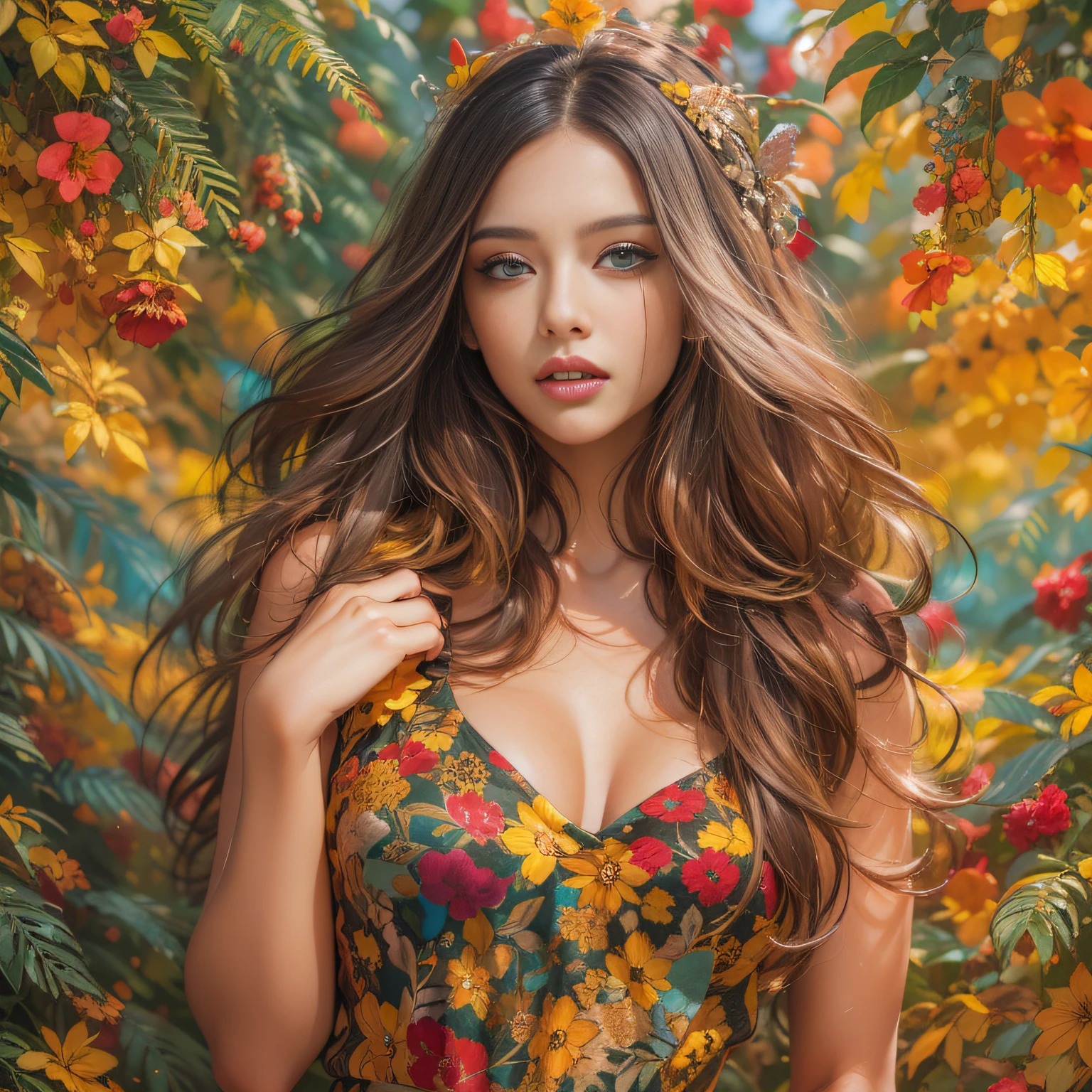 Create the most beautiful pictures of women, Compared to South America,Creel, Beautiful women are the most beautiful, Pretty girl, Pretty woman, art (picture:1.3), (Cover-style:1.3), Fashionab, woman, vibrant, Outfit, posing on a, Front, Colorful, Background, astounding, modern, Trendy, Fashion, Detailed face, Flawless skin, Detailed eyes, Perfect eyes,