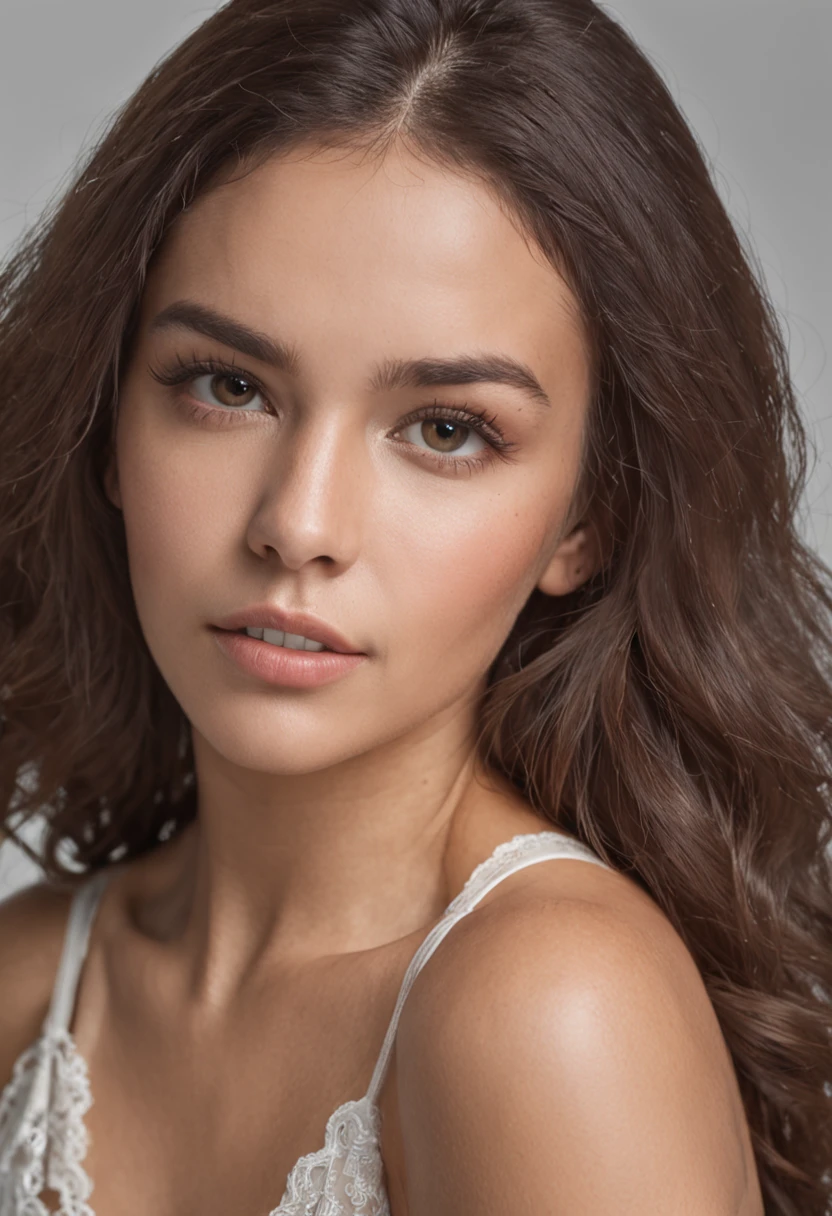 mulher sexy, 20 anos, esguio, atletic, pele bronzeada brilhante, Seios enormes, cintura fina, cabelos loiros cacheados, lingerie branca, Realistic, fotografia, real, natural