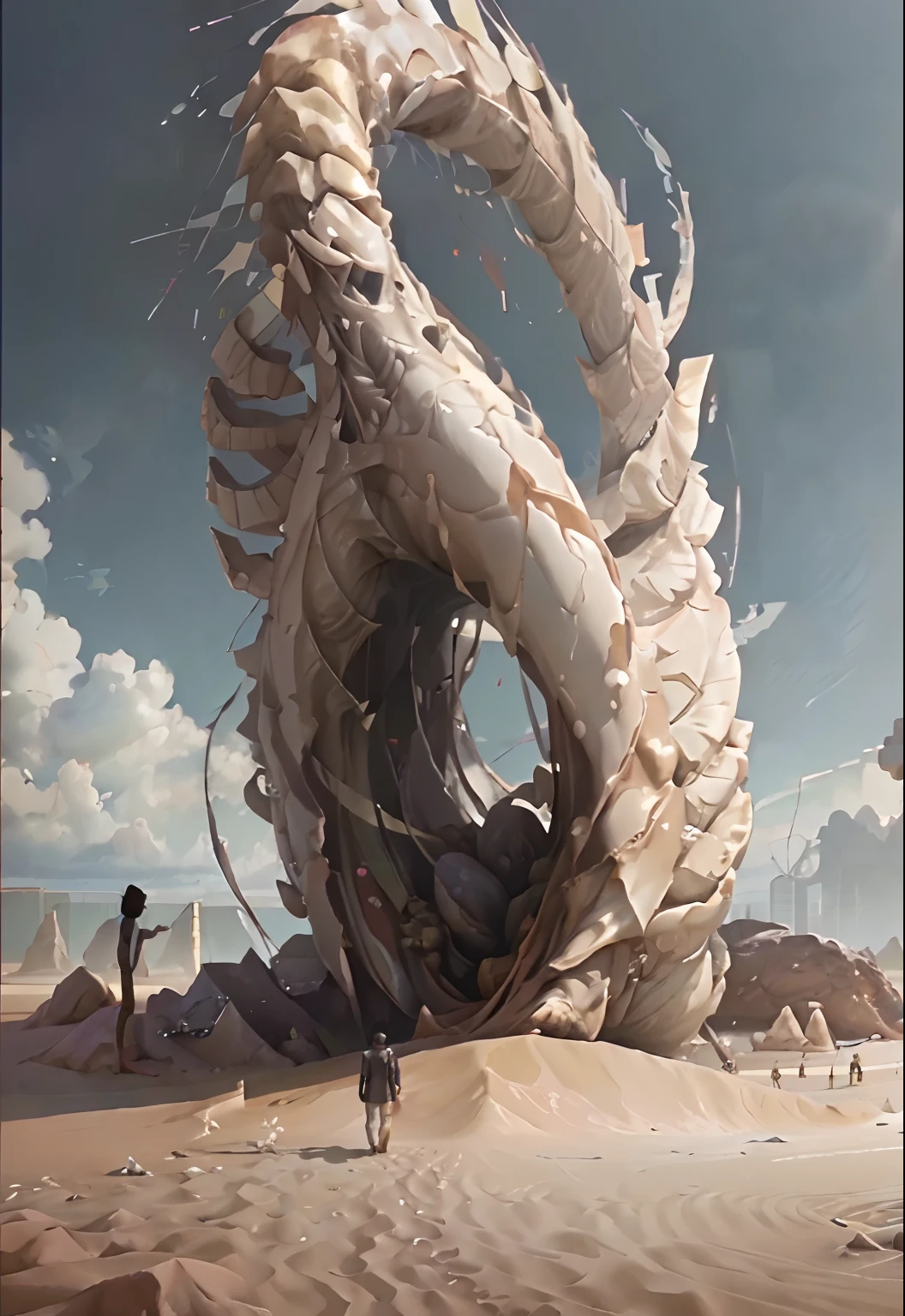 There was a man standing in the sand,Holding a huge sculpture in his hand, sandworm, 3d render digital art, low details. Digital painting, Twisted desert, Beeple e Jean Giraud, bastien grivet, 3 d sculpture 8 k octane render, giant tentacles, smooth digital concept art, 4k highly detailed digital art, surreal concept art,intricately details,Super lots of detail