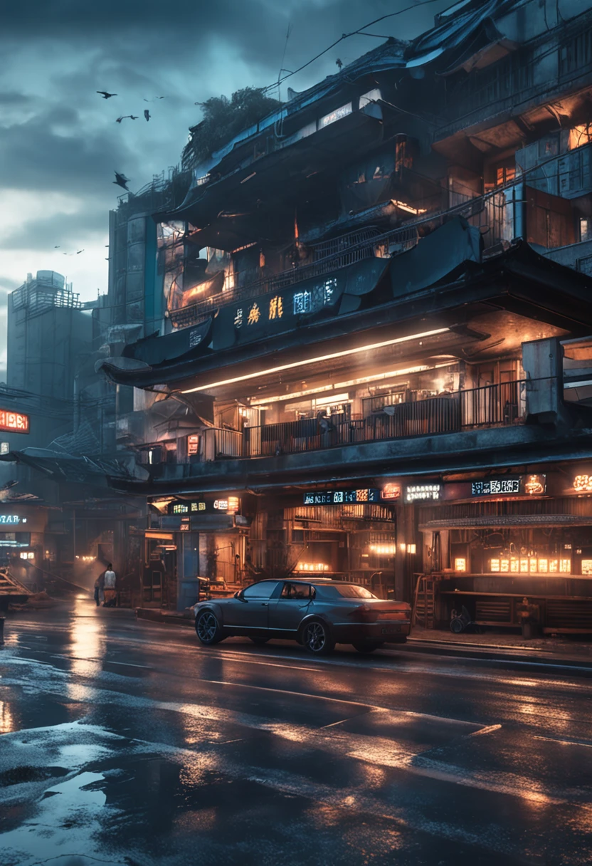 Highest image quality,Exquisitely,sense of science and technology,In the middle of the road is a bus driving in a city of advanced civilization,Chinese lofts soar like clouds,The road is lined with fine wooden buildings,The sky is full of brilliant stars and fantastic stars,One by one, the aircraft flew in blue light。