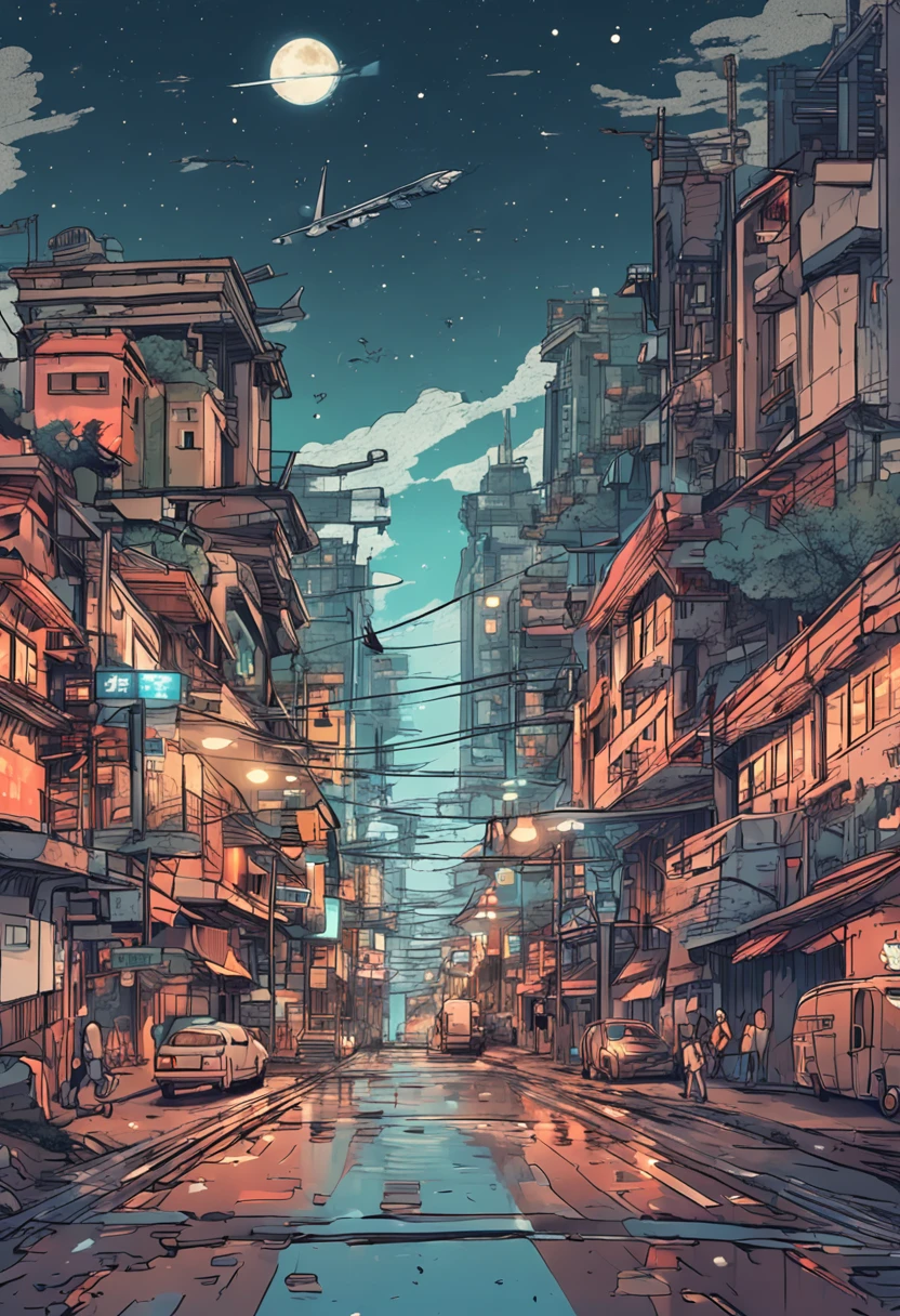 Highest image quality,Exquisitely,sense of science and technology,In the middle of the road is a bus driving in a city of advanced civilization,Chinese lofts soar like clouds,The road is lined with fine wooden buildings,The sky is full of brilliant stars and fantastic stars,One by one, the aircraft flew in blue light。