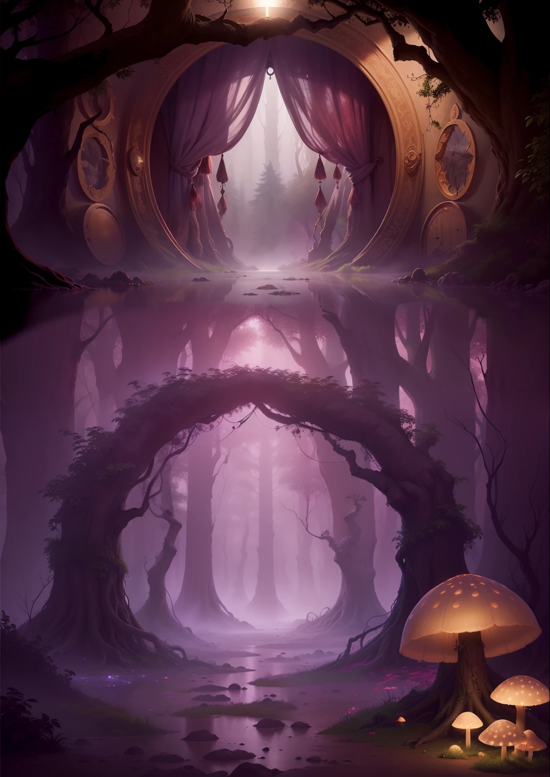 Illustration of magic portal with theater curtain on top, Mist everywhere, se misturando a uma floresta densa, magical and mysterious, with old trees, Roots, mushrooms and matte lighting, branches and vines intertwined at the ends forming a frame, alta resolução, rico em detalhes, 4k