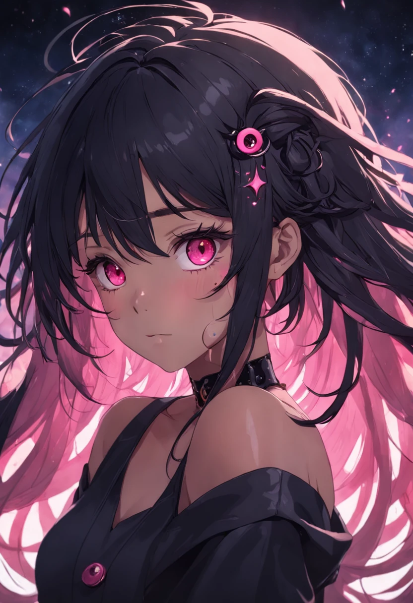 Una chica con cabello ????? y ojos rosados, feliz, Mediana edad, piercings