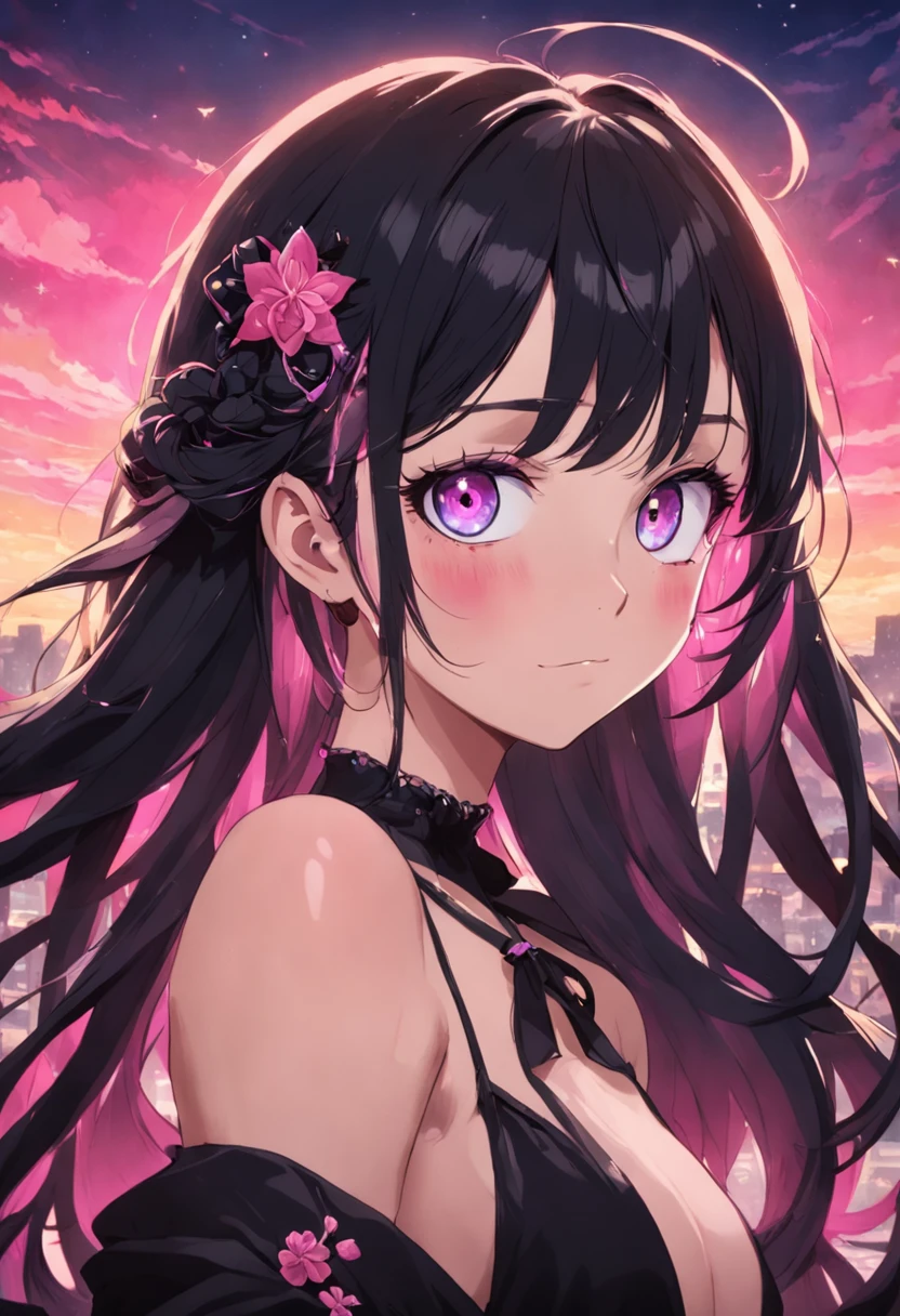 Una chica con cabello ????? y ojos rosados, feliz, Mediana edad, piercings