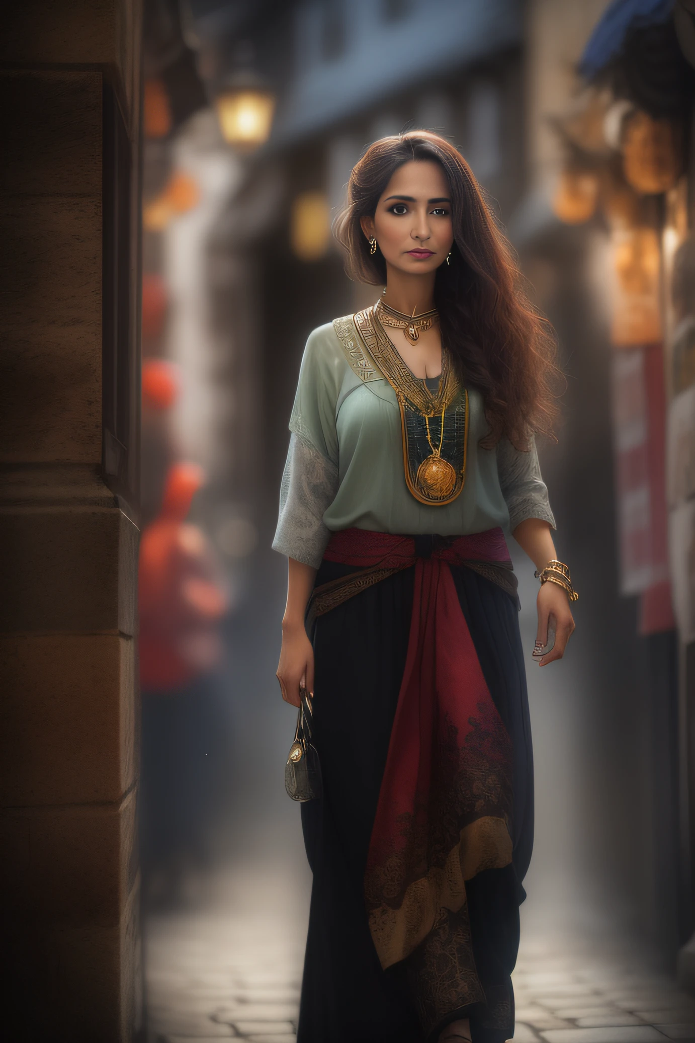 A woman in a long skirt walking down a street - SeaArt AI