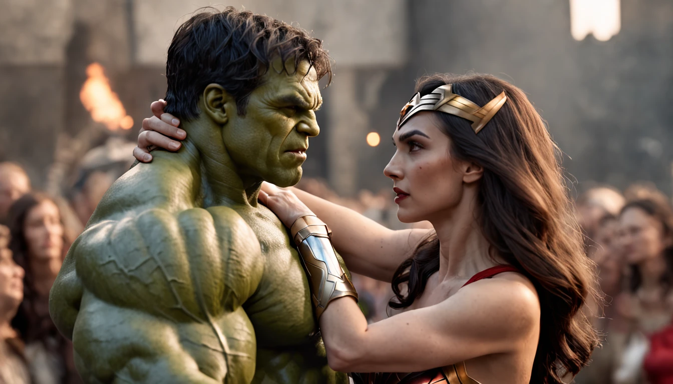 ((Incredible Hulk marrying Wonder Woman) AND (church packed)) | ((intense emotions) AND (Marvel/DC crossover)) | ((illustrious wedding) AND (dynamic scene)) | ((cinematic illustration) AND (Artstation trends))