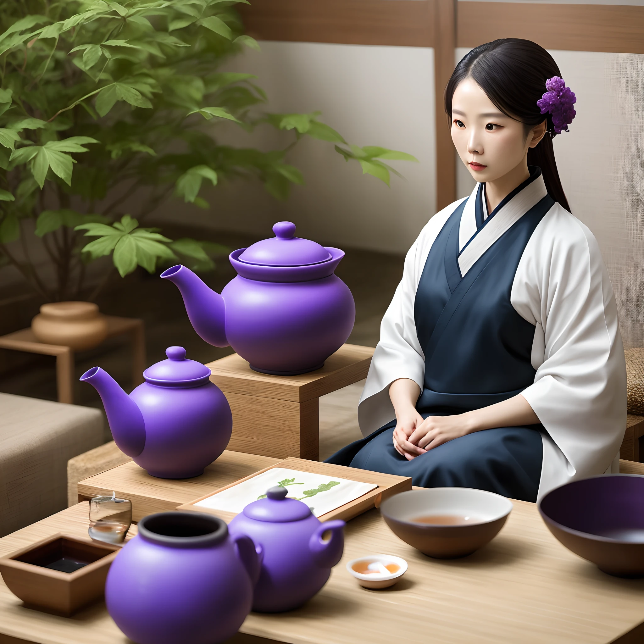 tea ceremony，Raised sexy，Hanfu，Purple clay pot，Pu'er，photography of，Hyper-realistic，mixed race，