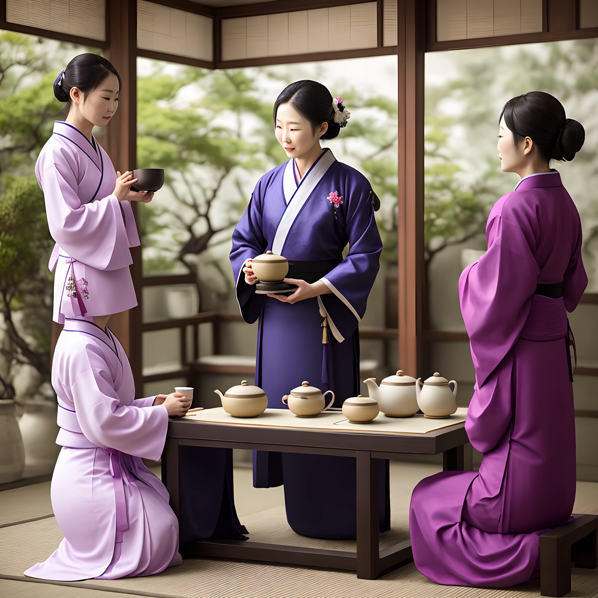 tea ceremony,Raised sexy,Hanfu,Purple clay pot,Pu'er,photography of,Hyper-realistic,mixed race,