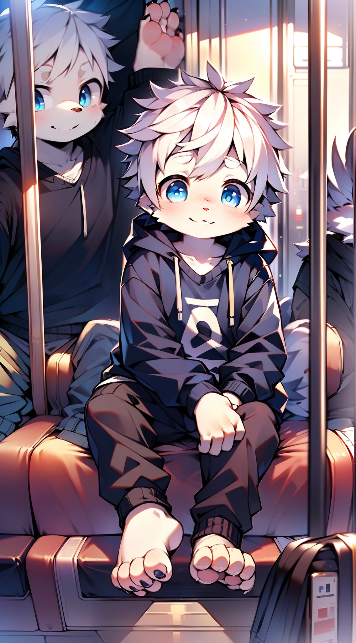 Masterpiece, chubby boy with white hair and shiny bright blue eyes and barefoot wearing a hoodie, and oversized sweatpants sitting in a train, young, boy, child,l, toddsoft lit, (sweatpants:1.4), (Boy:1.4), (Shota:1.4), (Young:1.4), (Male:1.4), (smiling:1.4), (foot:1.4), (shy:1.4),
