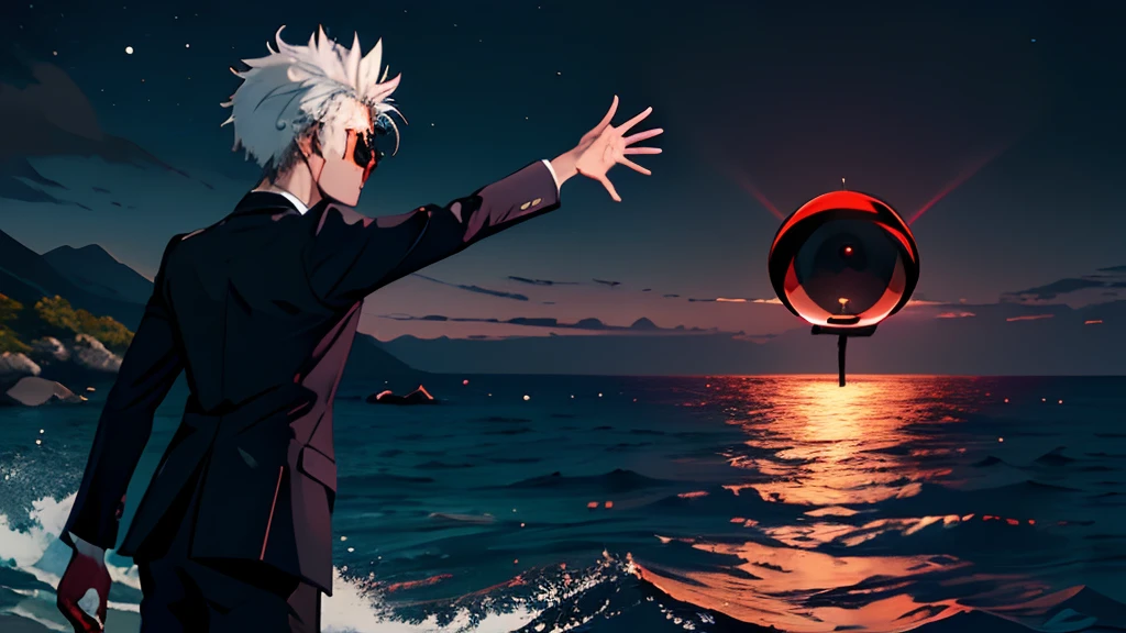 Dynamic pose, dynamic angle,from afar,dark,black,((night)), beach, calm water without waves,boy at the water's edge,boy looking out to sea,((arms outstretched towards the sea)),messy spiky white hair, light blue eyes, purplish black suit, no tie, purplish black shirt, purplish black dress pants, rounded sunglasses, (dark red sphere between the sky and the sea,:1.5),
