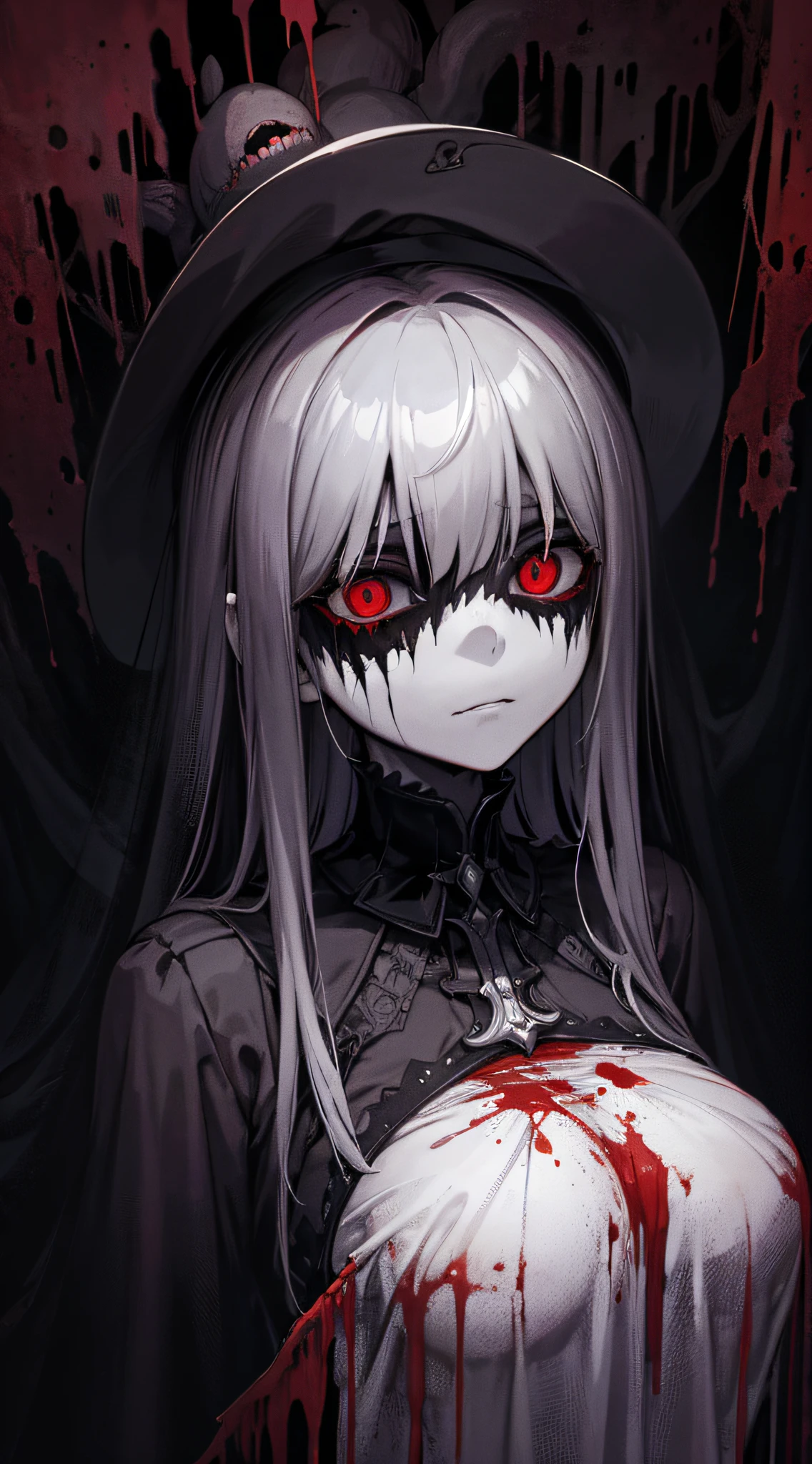 Cinematic Brilliance 1 Enigmatic Entity, Masterpiece, Supreme Excellence, Official Art, Exquisitely Elaborate CG Unity 8k Wallpaper, Haunting Gaze, Haunted Puppet, Dismal Institution, Sinister Veil of Shadows, Bloodstained Color Scheme, Shredded Clothing, ((Horror Theme))