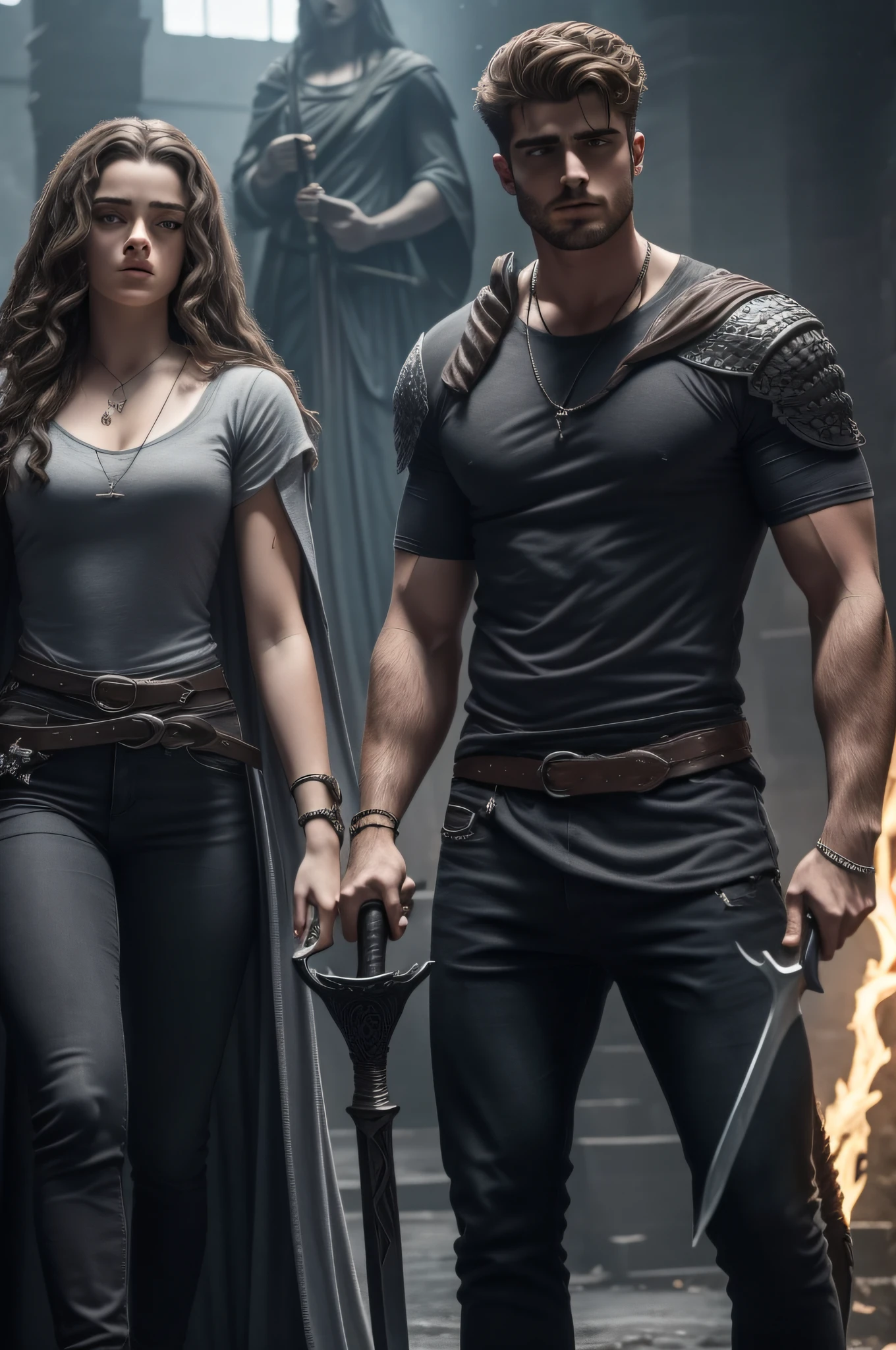 Jacob Elordi como semideus filho de Hades, wearing gray t-shirt and jeans, e usando uma espada + Katherine Langford as Hecate's demigoddess, daughter, usando um vestido e soltando magia | Epic battle against monsters.