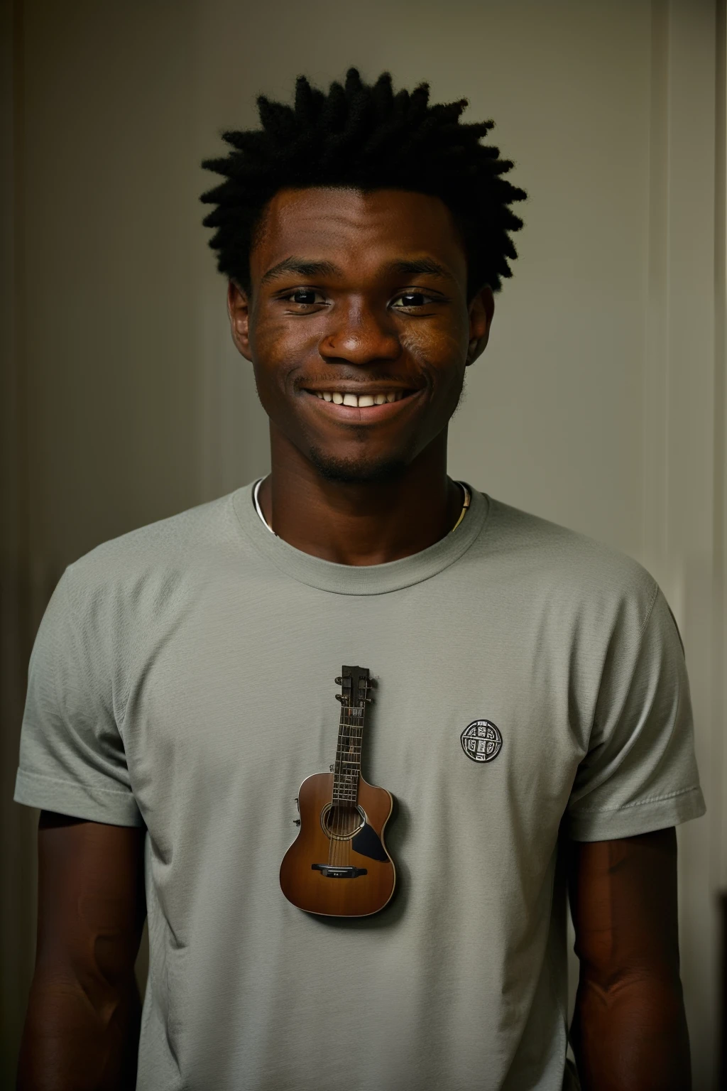 Por favor, crie uma imagem de um jovem angolano, com cerca de 22 anos de idade, que se mudou para o Brasil nos anos 1990 em busca de uma nova vida. He is black-skinned and has characteristic facial features. His expression is cheerful and his smile conveys the hope and determination he has for his new beginning. He is a talented artist and, na imagem, He's holding a guitar naturally, as if it were an extension of oneself. His hands show familiarity with the instrument and suggest that he is experienced in playing it. His clothes reflect the style of the time, com um toque pessoal de autenticidade. I would like the image to be as realistic as possible, capturing the subtle details of the face and hands. It is not necessary for the image to be perfect or look like something out of a movie, but rather that it be a believable portrait that can be related to a talented young man living his journey in the 1990s. He doesn't have a physically strong appearance, But it's not fragile either; There is a sense of vitality and determination in his posture. Thank you for creating an image that captures the essence of this young Angolan artist, in order to portray your history and personality in an authentic way.