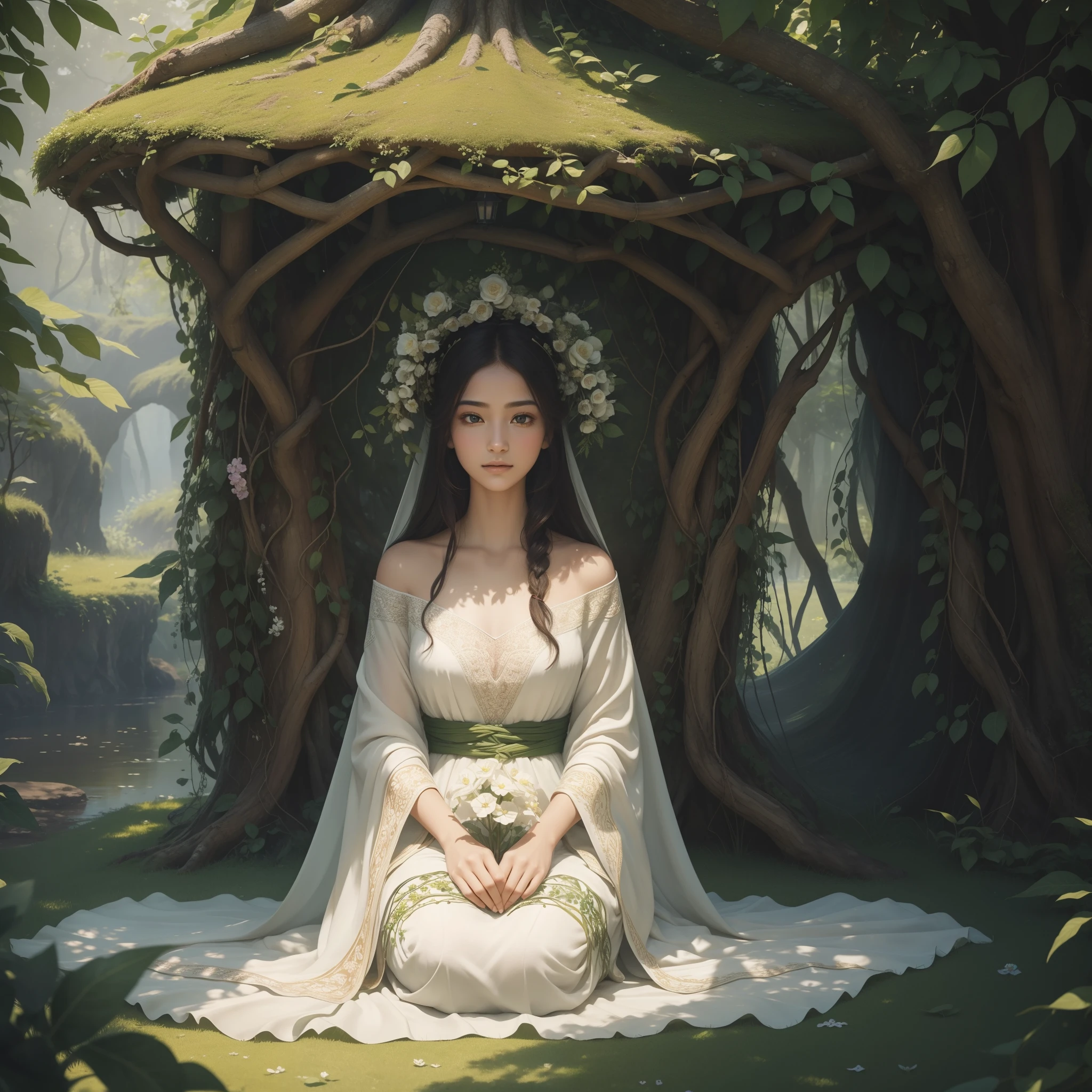 ((photorealistic lighting, superlative, 8K, Masterpiece: 1.3))In the calm meadows of Harmonia,The serene race, known as the 'Harthilians', live in harmony with nature.. Their bond with Earth is evident in every aspect of their existence. The Hartilians shone, Milky skin that seems to shimmer gently in the sun, It reflects the color of the surrounding vegetation. Their eyes are large and expressive, In a variety of shades, from warm honey to dark forest green.
Living in Harmonious Harmony, The Hattilians wear robes made of leaves, petals, And salty vines, It blends seamlessly into its surroundings.. A delicate helmet, made of intricately intertwined vines and decorated with delicate flowers, rests above their heads.
Capturing images of a young Hatilian artist, Sitting under the shade of a wise old tree, While sketching the delicate petals of a nearby flower on a canvas made of leaves. Their fingers move gracefully across the canvas, And their eyes radiate a quiet passion for the beauty that surrounds them.
Your task is to depict this scene, Where the connection between the Hattilians and their natural world is evident, And where a simple act of creation becomes a serene meditation. (A highly detailed, Realistis, masterpiece, Crazy quality, Film Photography)