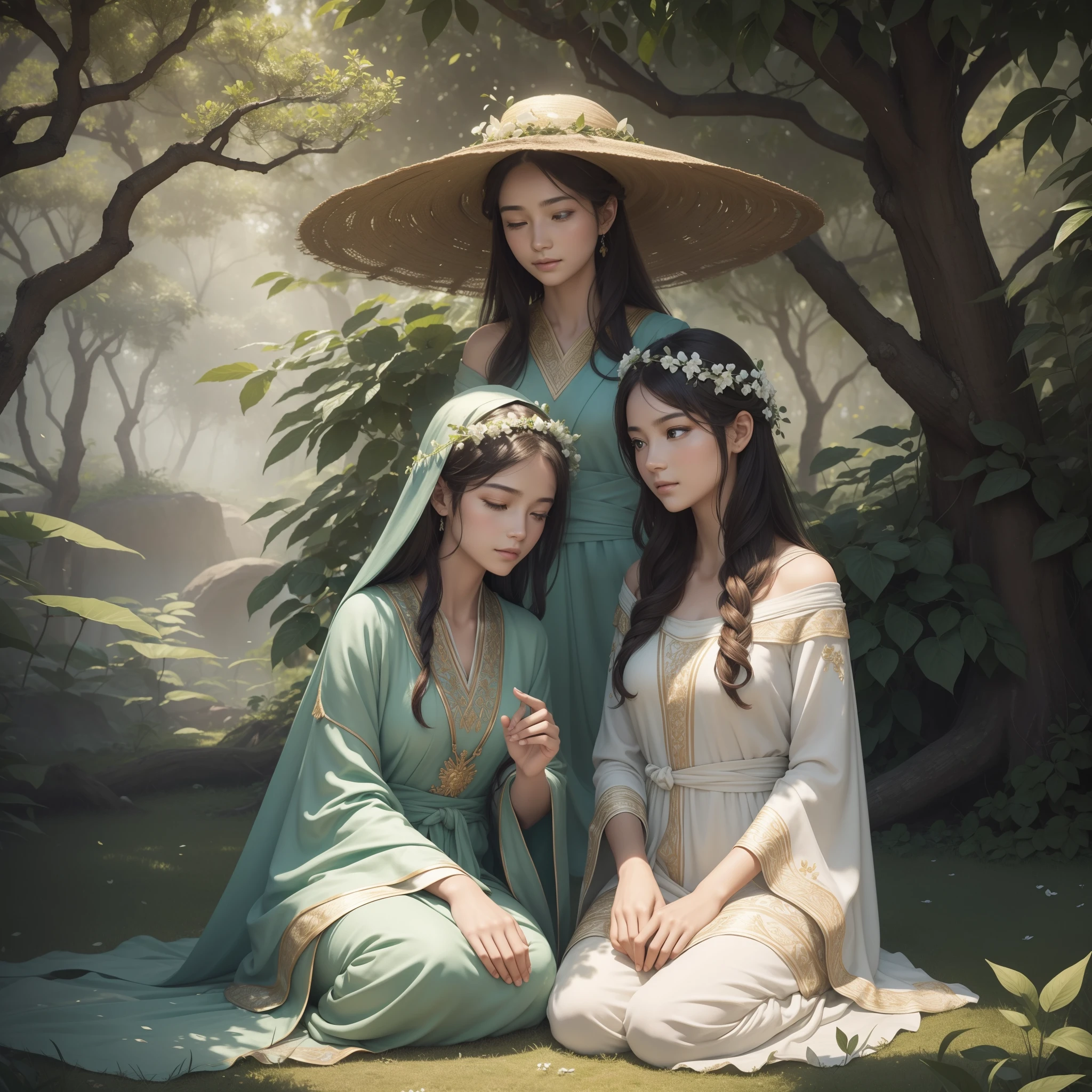 ((photorealistic lighting, superlative, 8K, Masterpiece: 1.3))In the calm meadows of Harmonia,The serene race, known as the 'Harthilians', live in harmony with nature.. Their bond with Earth is evident in every aspect of their existence. The Hartilians shone, Milky skin that seems to shimmer gently in the sun, It reflects the color of the surrounding vegetation. Their eyes are large and expressive, In a variety of shades, from warm honey to dark forest green.

Living in Harmonious Harmony, The Hattilians wear robes made of leaves, petals, And salty vines, It blends seamlessly into its surroundings.. A delicate helmet, made of intricately intertwined vines and decorated with delicate flowers, rests above their heads.

Capturing images of a young Hatilian artist, Sitting under the shade of a wise old tree, While sketching the delicate petals of a nearby flower on a canvas made of leaves. Their fingers move gracefully across the canvas, And their eyes radiate a quiet passion for the beauty that surrounds them.

Your task is to depict this scene, Where the connection between the Hattilians and their natural world is evident, And where a simple act of creation becomes a serene meditation. (A highly detailed, Realistis, ​masterpiece, Crazy quality, Film Photography)