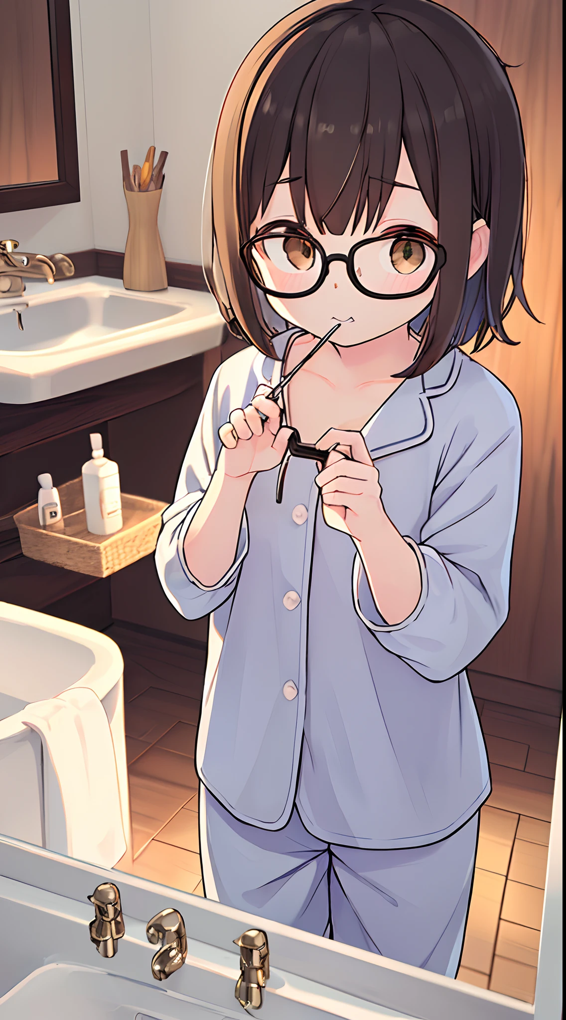 masutepiece, Best Quality,8K resolution,Realistic,, 1 girl, Crying, Girl wiping glass、Big round glasses、