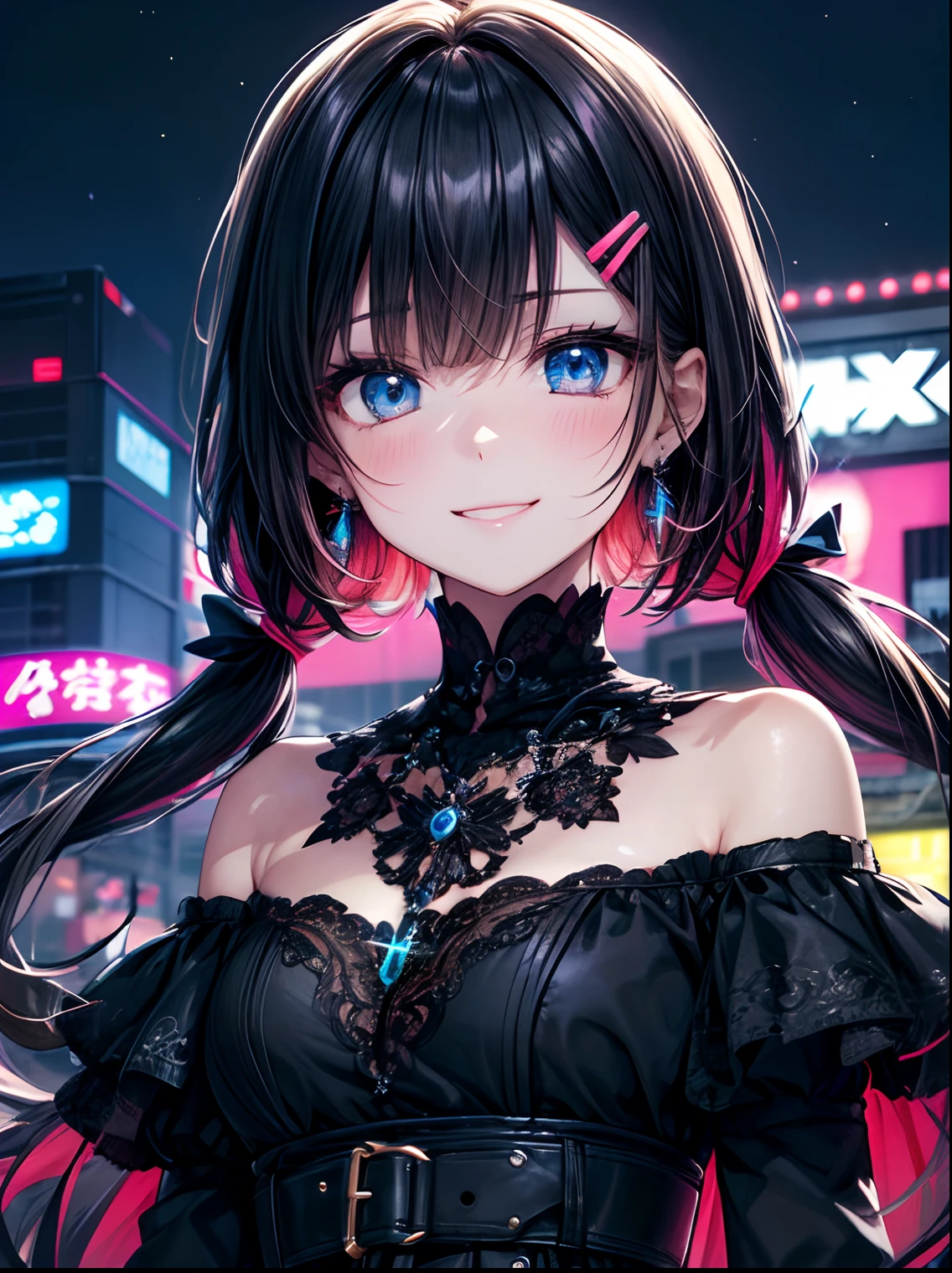 absurderes, (独奏:1.5,)ultra-detailliert,bright colour, extremely beautiful detailed anime face and eyes, view straight on, ;D, shiny_skin,25 years old, Happy smiling face、Short hair, , asymmetrical bangs, Blonde hair with short twin tails, Shiny hair, Delicate beautiful face, red blush、(Blue eyes), White skin, hair clips, earrings, a necklace, 、Black and yellow dress、(Midnight Tokyo)、(Lots of neon:1.3),starrysky